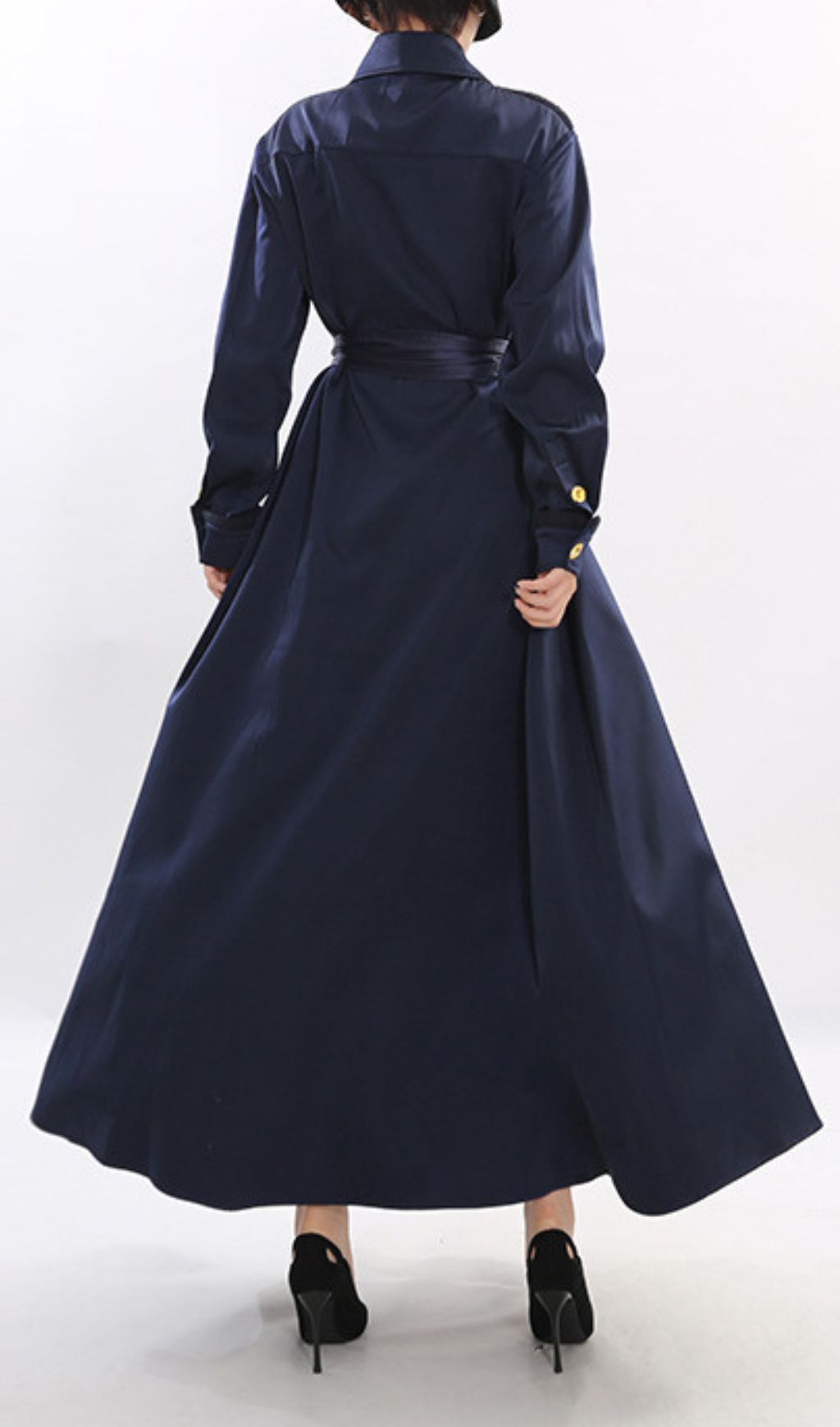 Josette Elegant Navy Maxi Dress | Gold Button & Belted Long Sleeve Gown