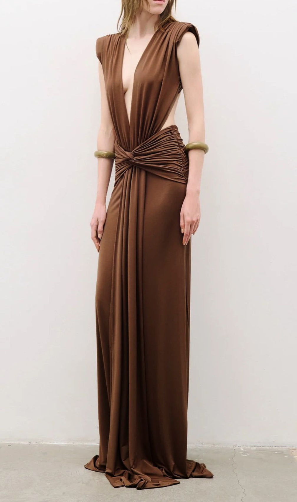 Joselyn Deep V-Neck Knotted Maxi Dress - Elegant Coffee Brown Gown