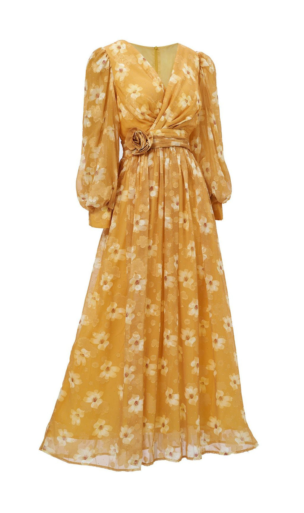 Feodora Yellow Floral Printed Long Sleeve Maxi Dress