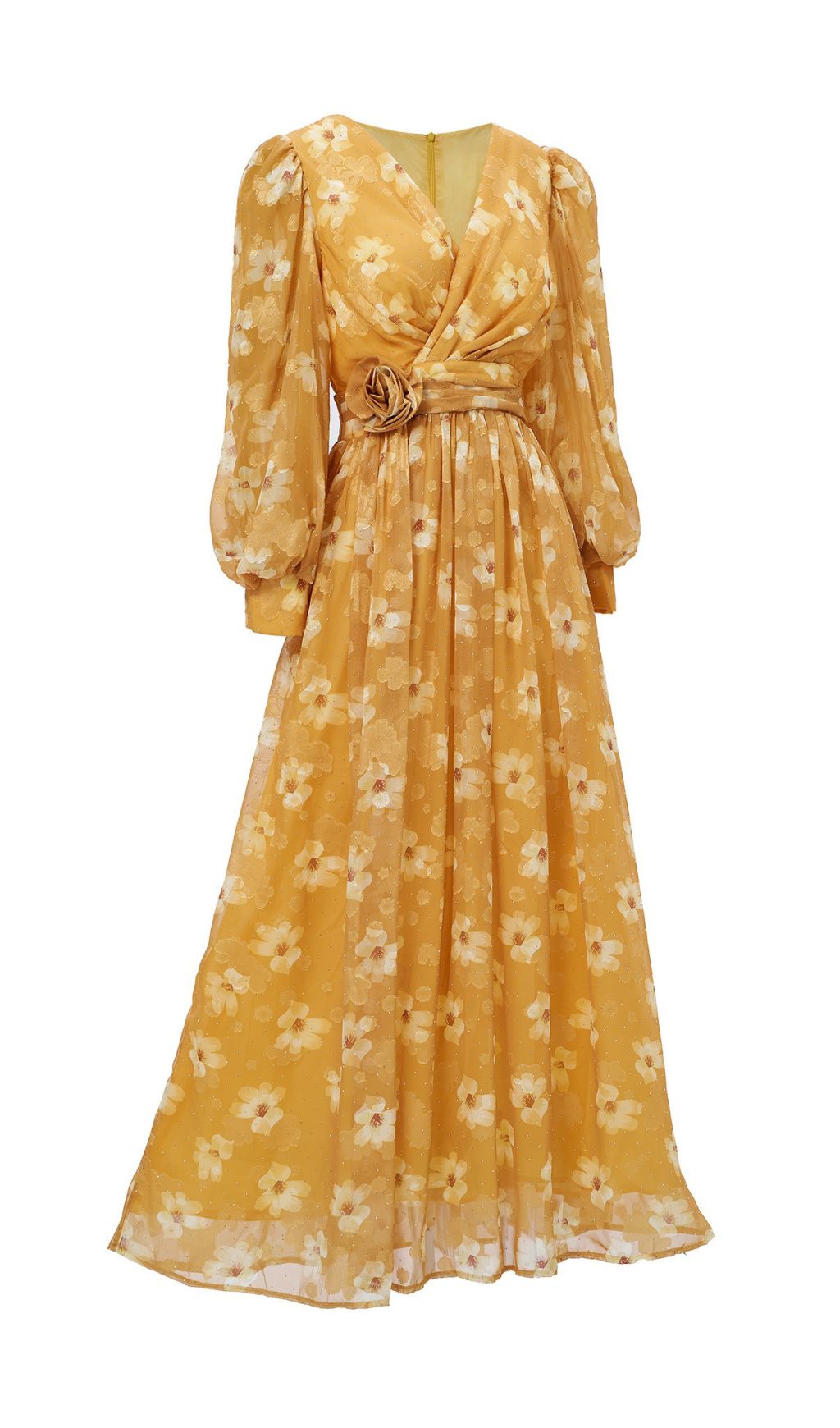 Feodora Yellow Floral Printed Long Sleeve Maxi Dress