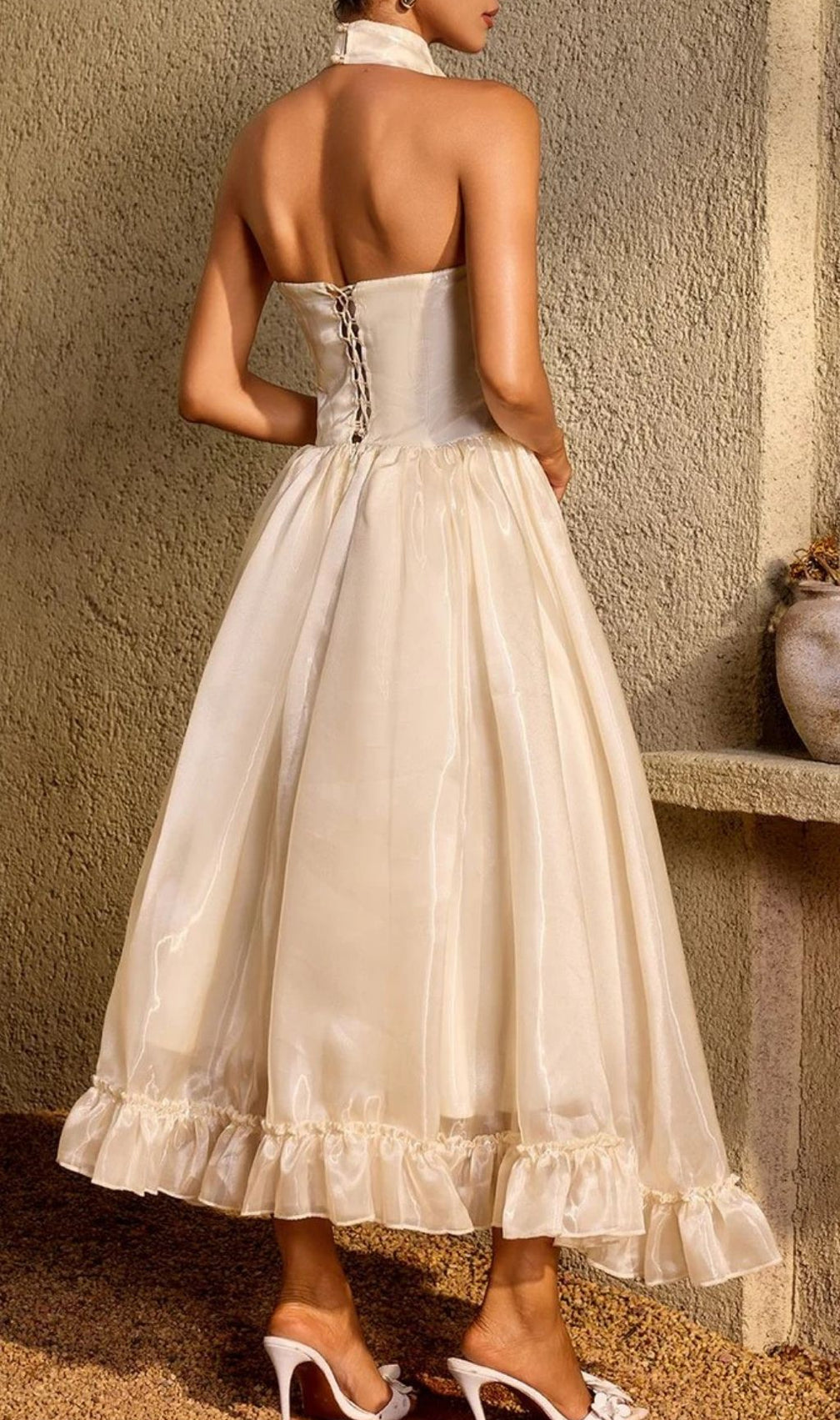 Zorvalen Halterneck Lace Up Flared Maxi Dress
