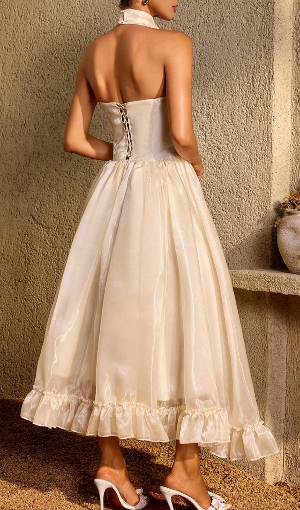 Zorvalen Halterneck Lace Up Flared Maxi Dress
