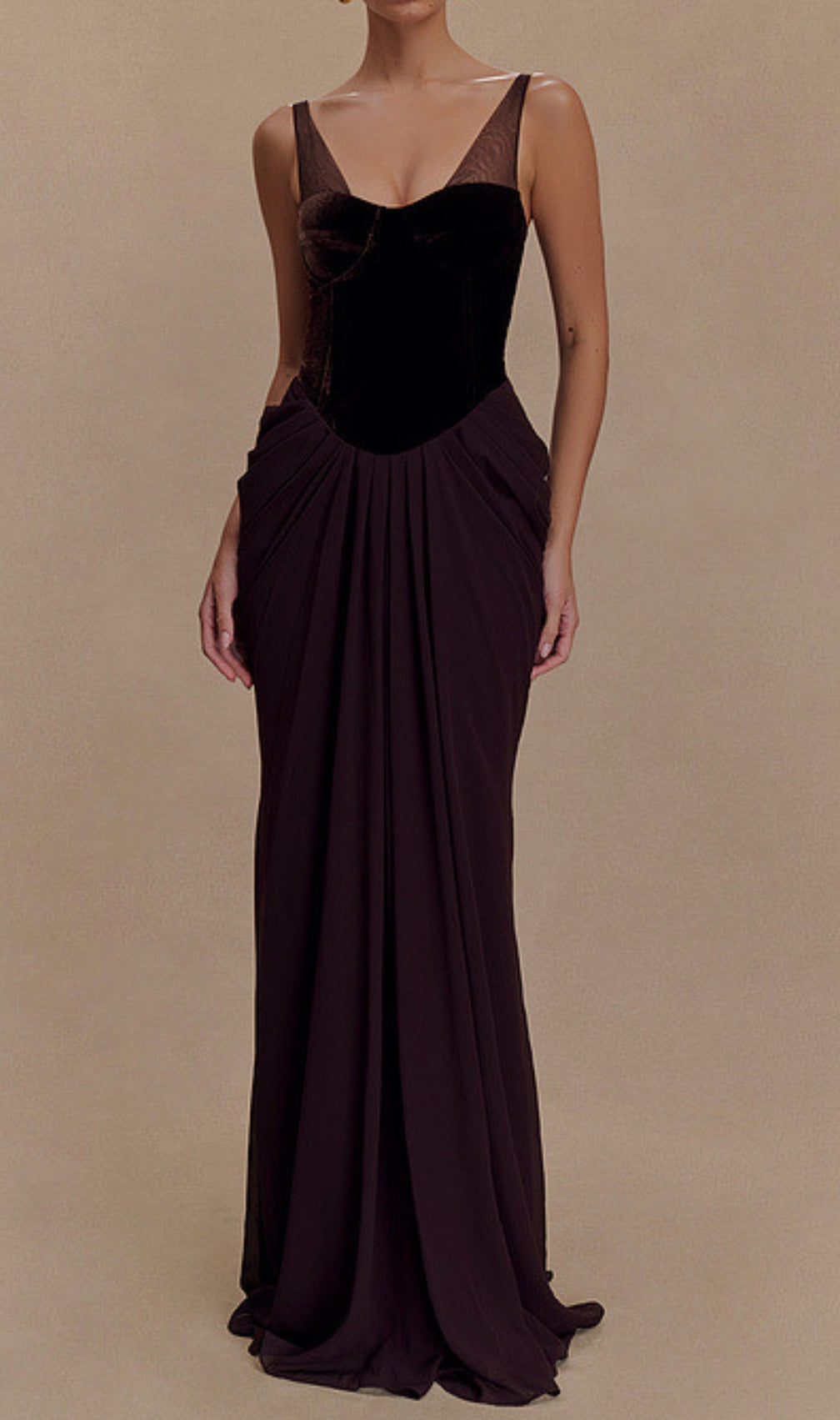 Dericia Velvet Bustier Draped Maxi Dress