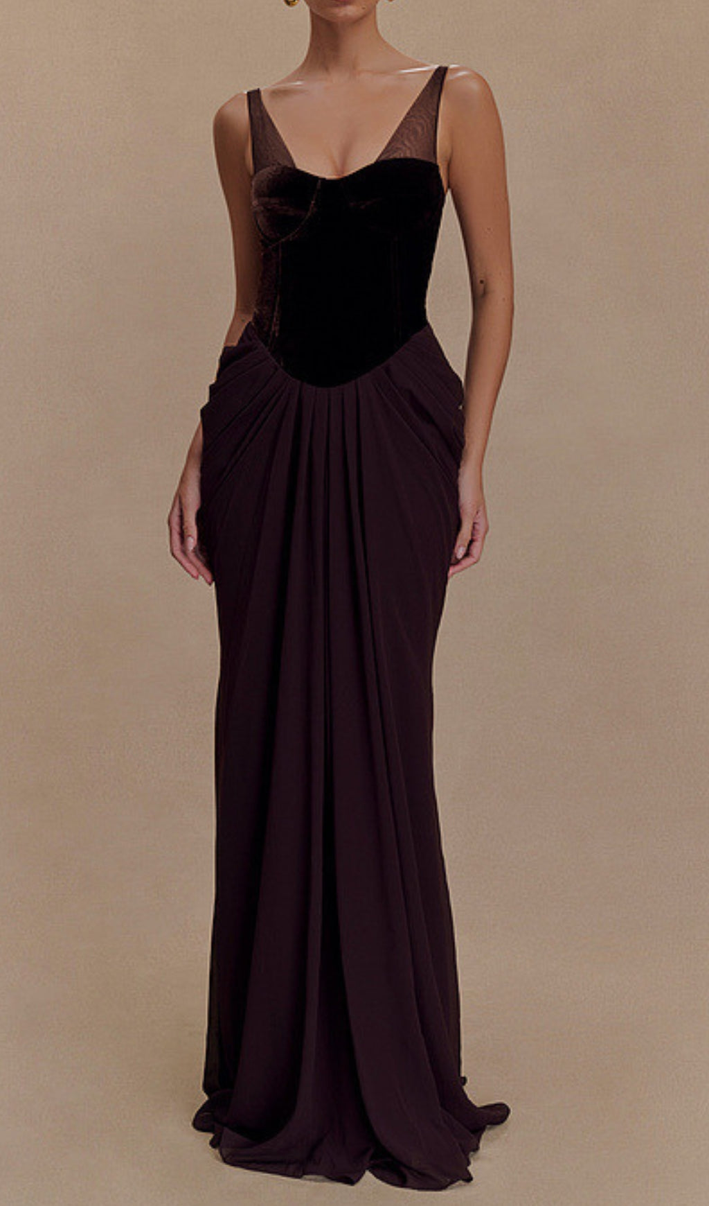 Dericia Velvet Bustier Draped Maxi Dress