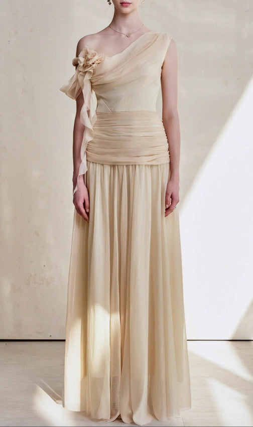 One-Shoulder 3D Flower Ruched Maxi Dress