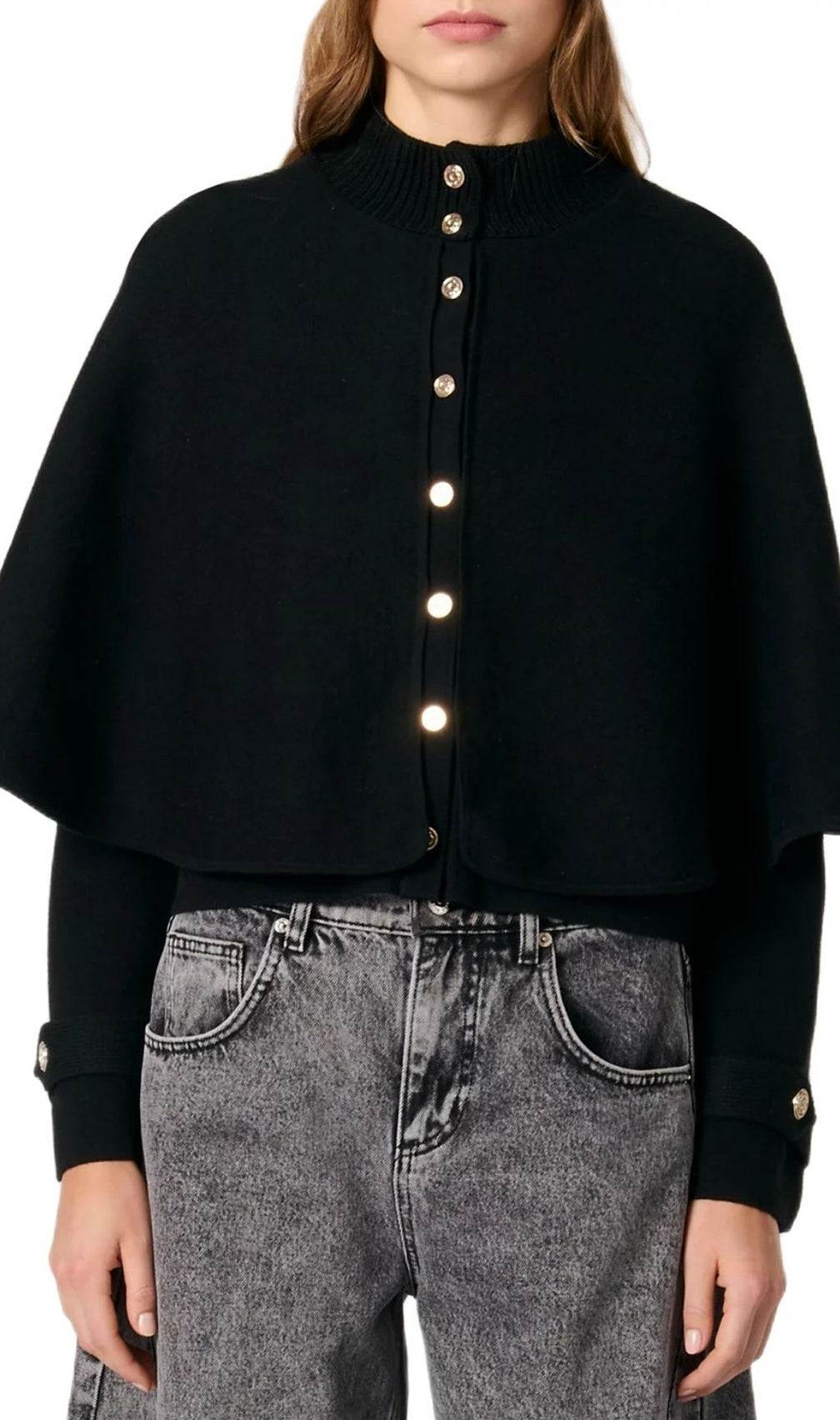 Chic Black Cape Effect Cardigan with Gold Clover Buttons
