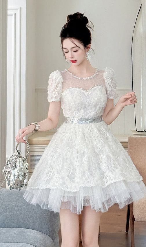 White Lace Sequin Puff Sleeve Mini Dress with Tulle Hem