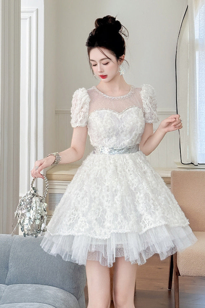 White Lace Sequin Puff Sleeve Mini Dress with Tulle Hem