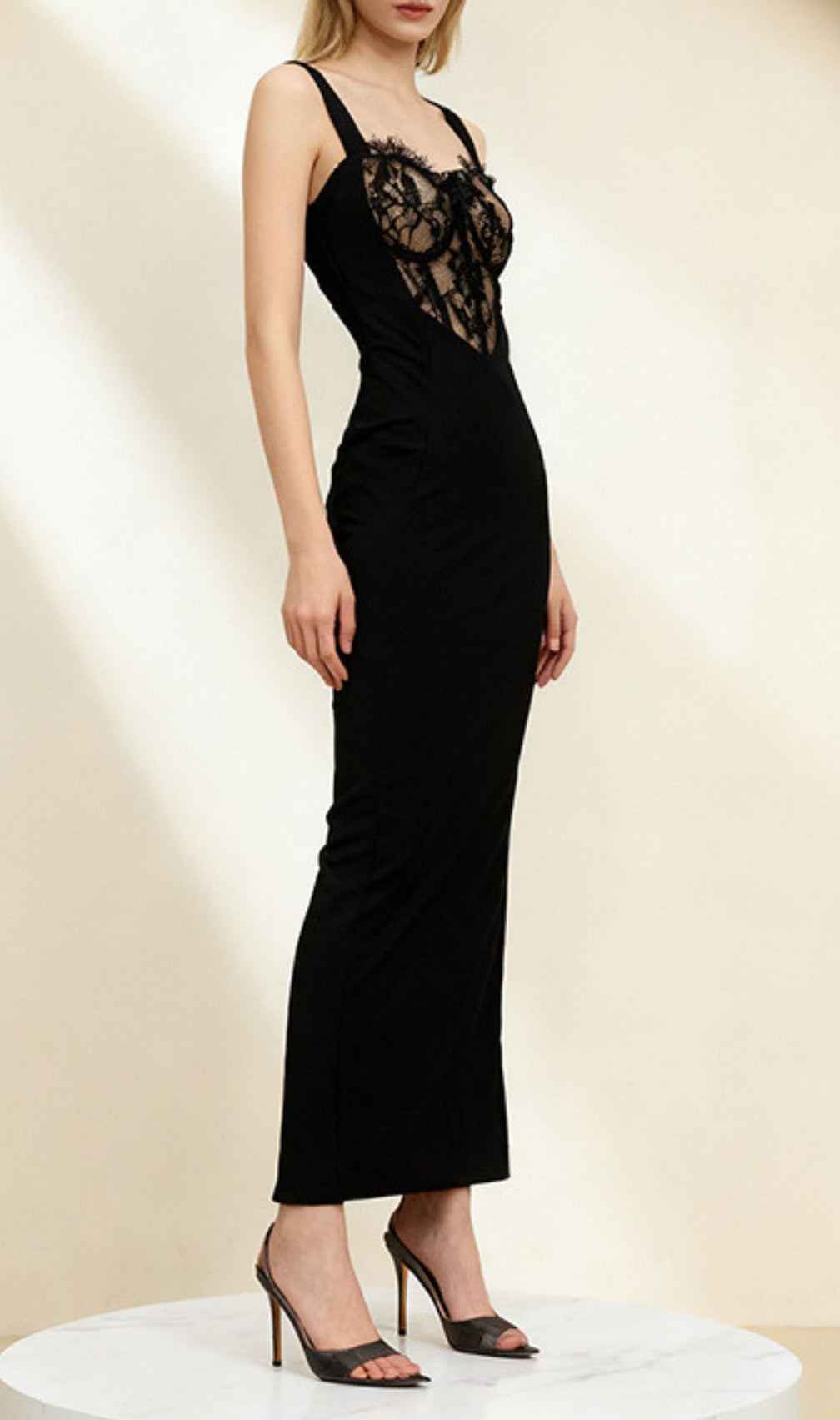 Ishiko Luxe Black Lace Bustier Midi Dress - Elegant Cocktail & Evening Wear