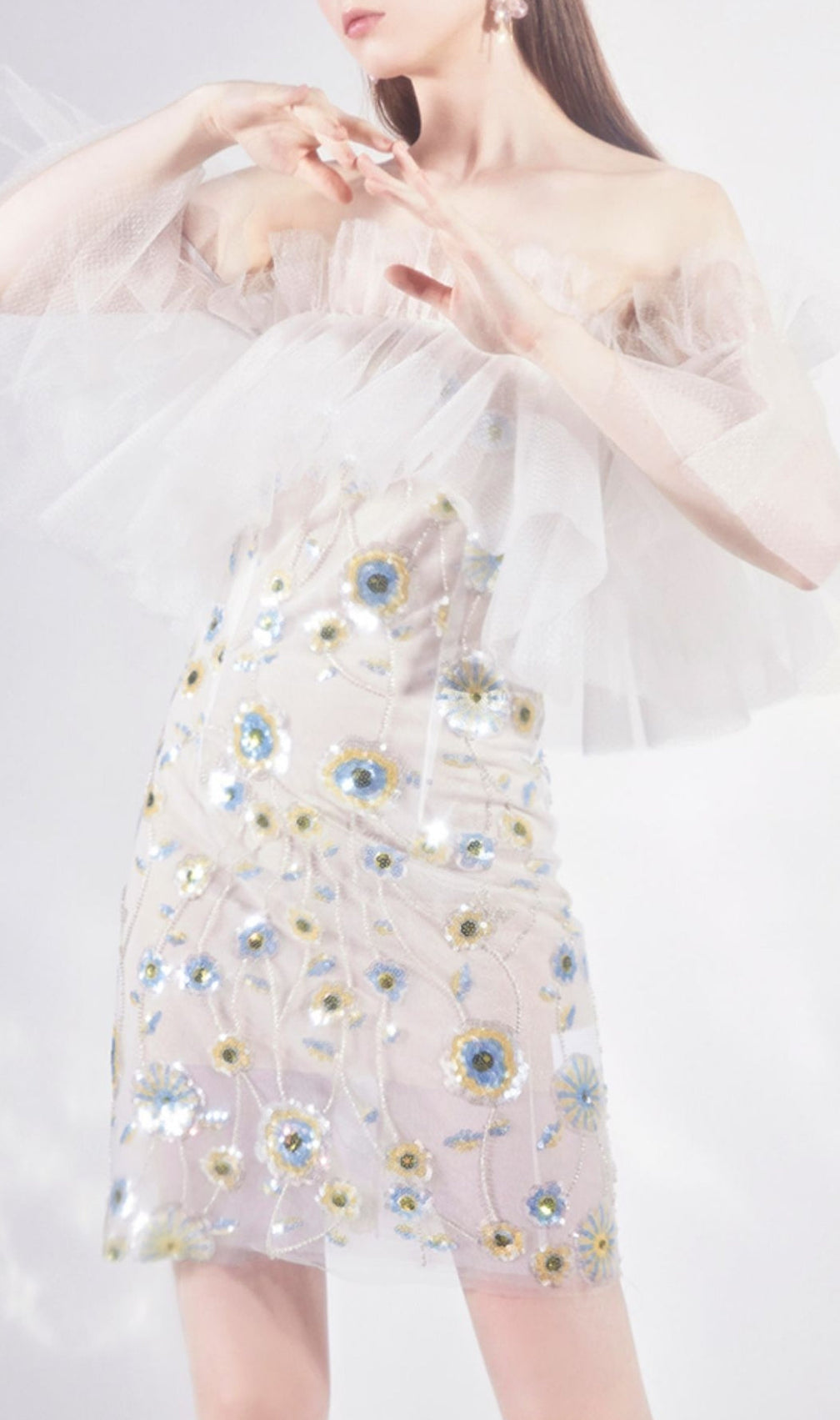 Floral Sequined Mini Dress In White