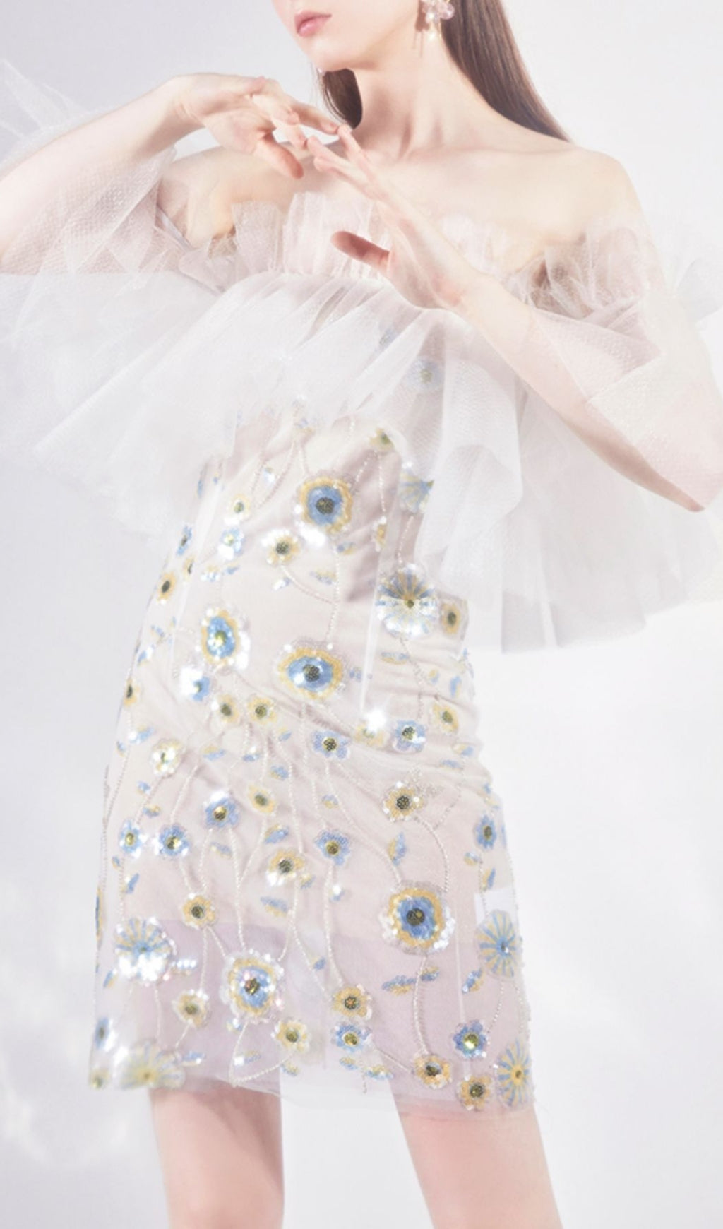 Floral Sequined Mini Dress In White