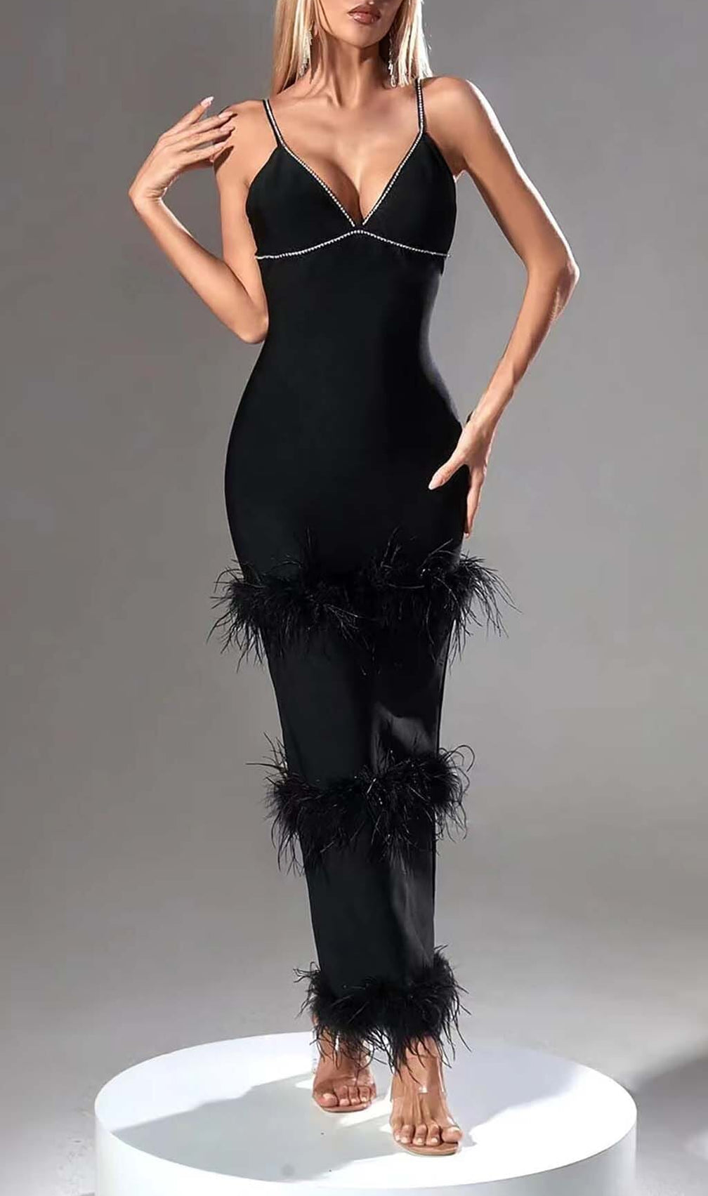 Rhinestone Tiered Feather Midi Dress In Black