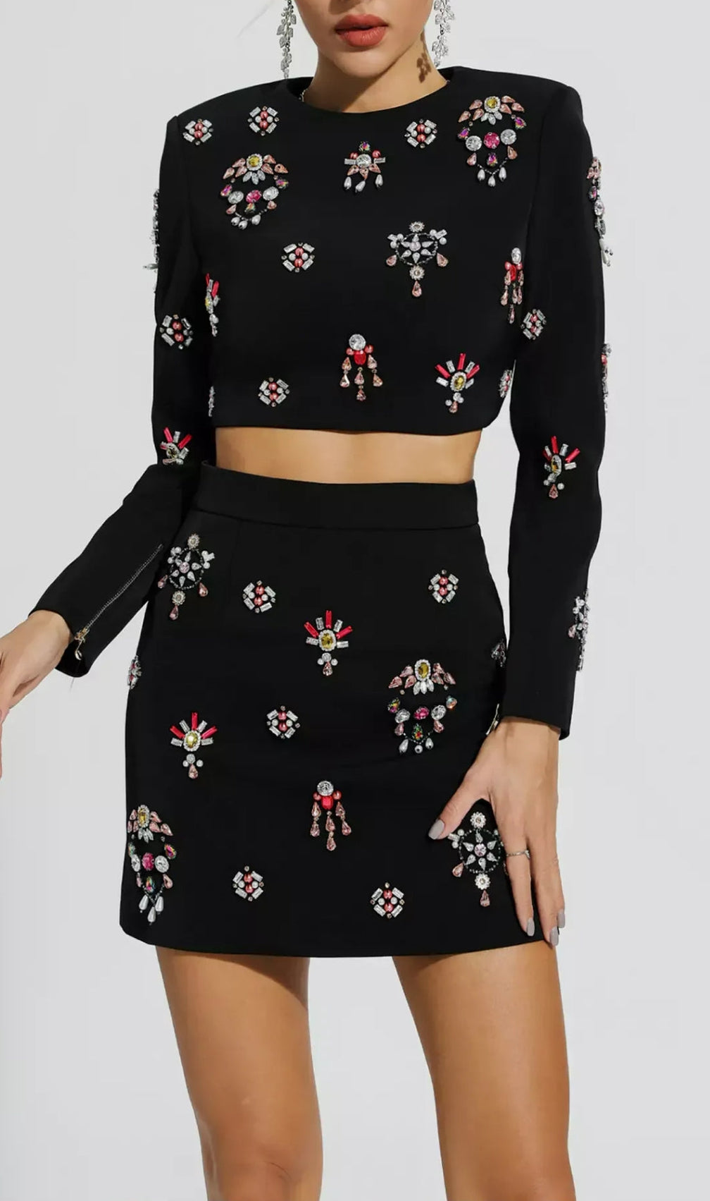 Austine Black Rhinestone Embellished Skirt Set