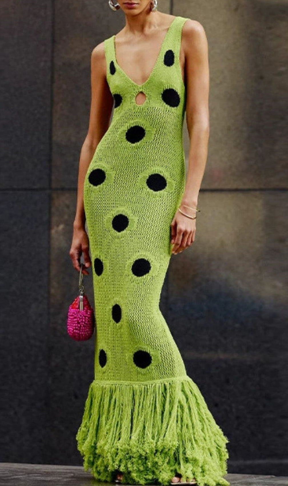 Gaelion Vibrant Green Polka Dot Fringe Knitted Midi Dress - Statement Summer Style