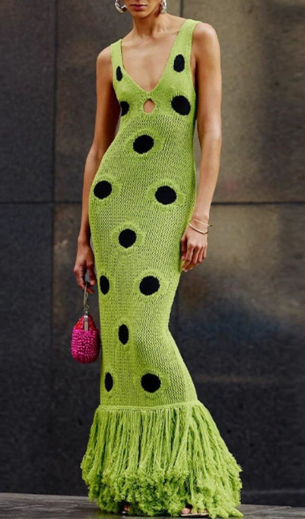Gaelion Vibrant Green Polka Dot Fringe Knitted Midi Dress - Statement Summer Style