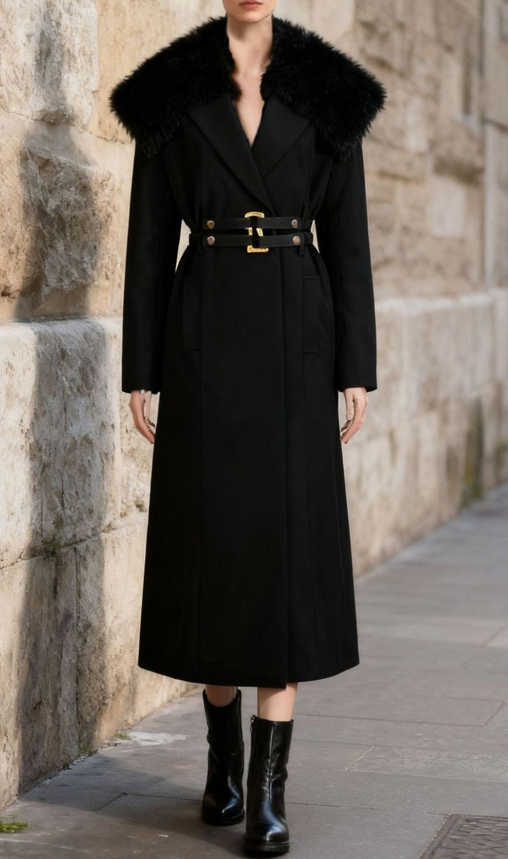Ismail Luxe Black Fur Collar Coat: Elegant Winter Warmth with Gold Belt Detail