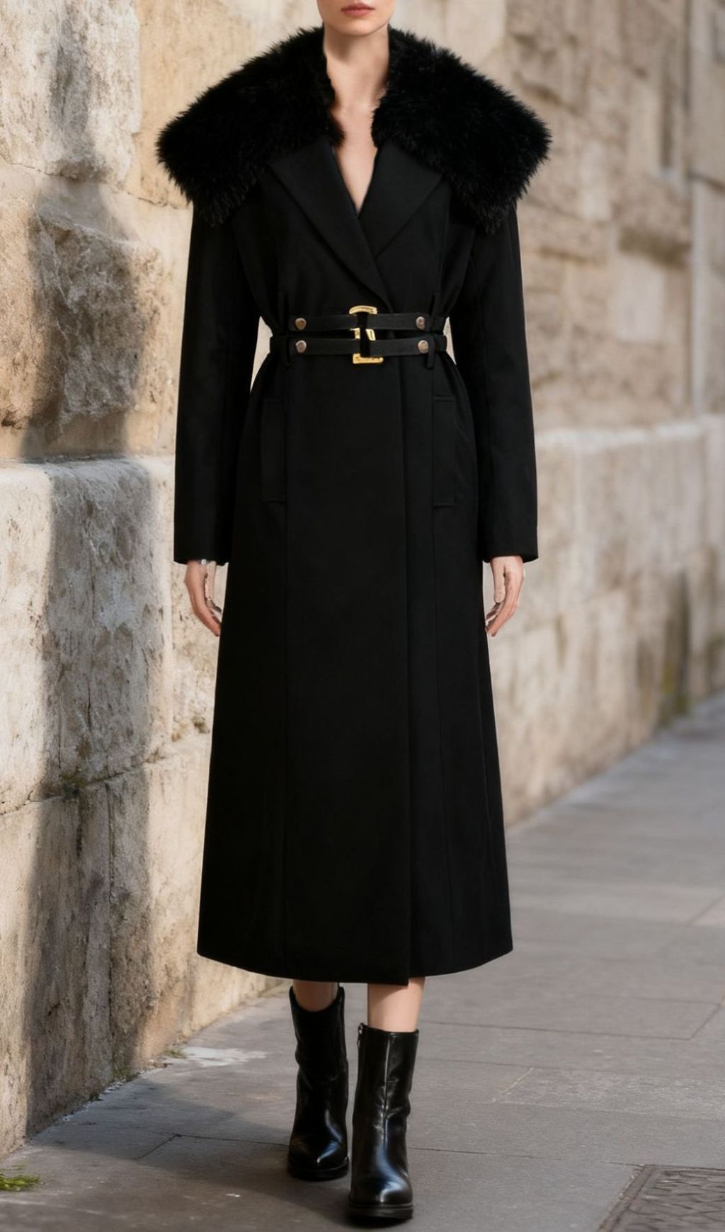 Ismail Luxe Black Fur Collar Coat: Elegant Winter Warmth with Gold Belt Detail