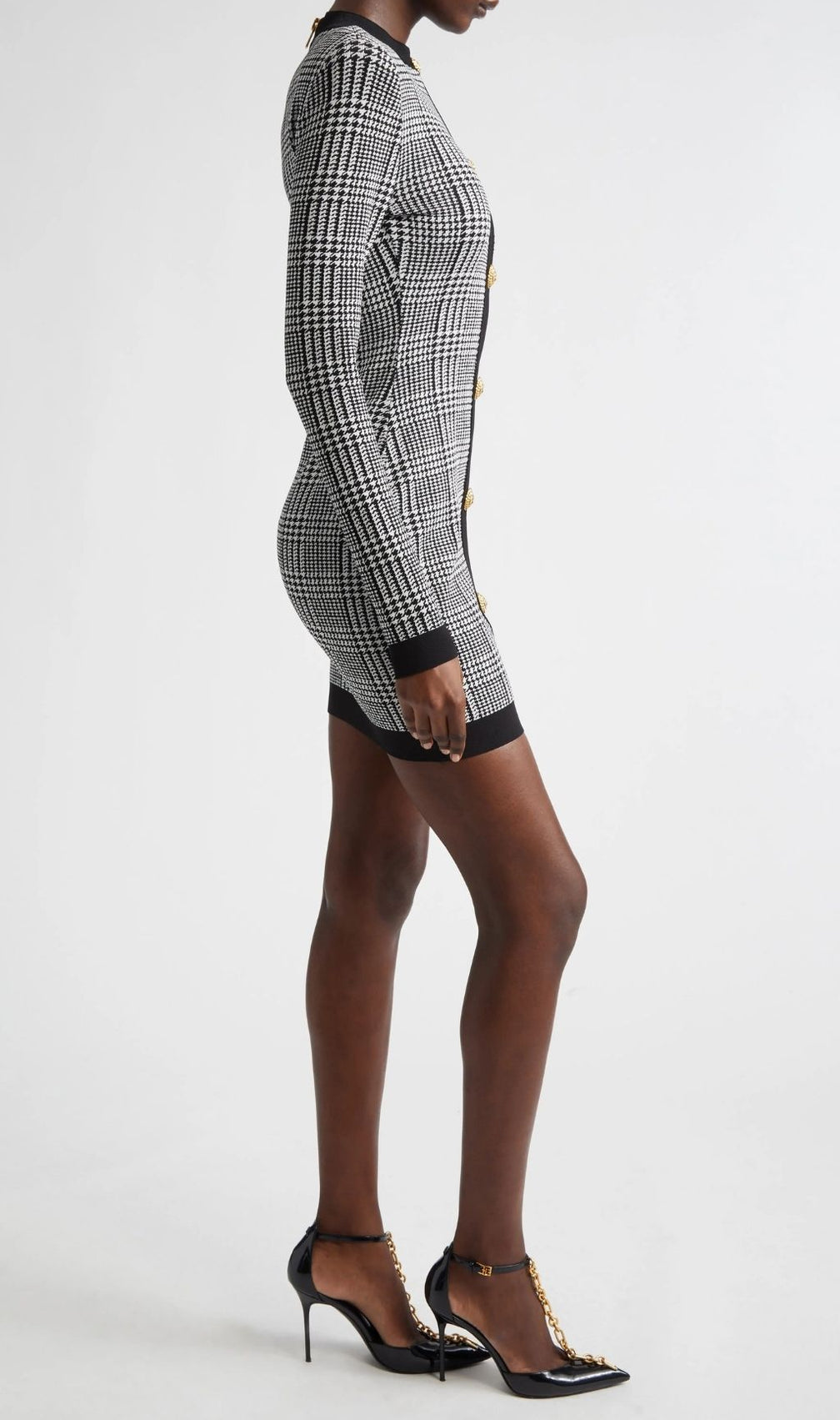 Karinda Chic Houndstooth Knit Mini Dress | Long Sleeve & Gold Buttons