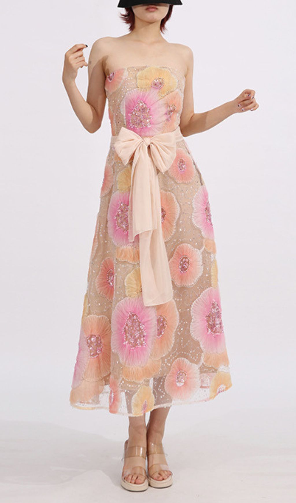 Elowyn Strapless Flower Sequin Embellished Midi Dress