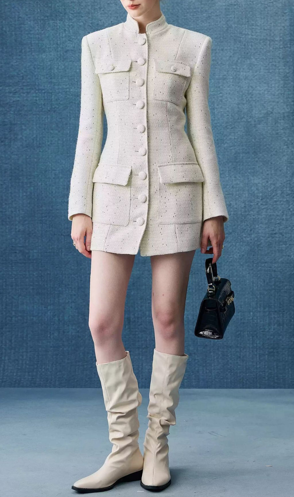 Elegant White Tweed Mini Dress | Long Sleeve Button-Front Style