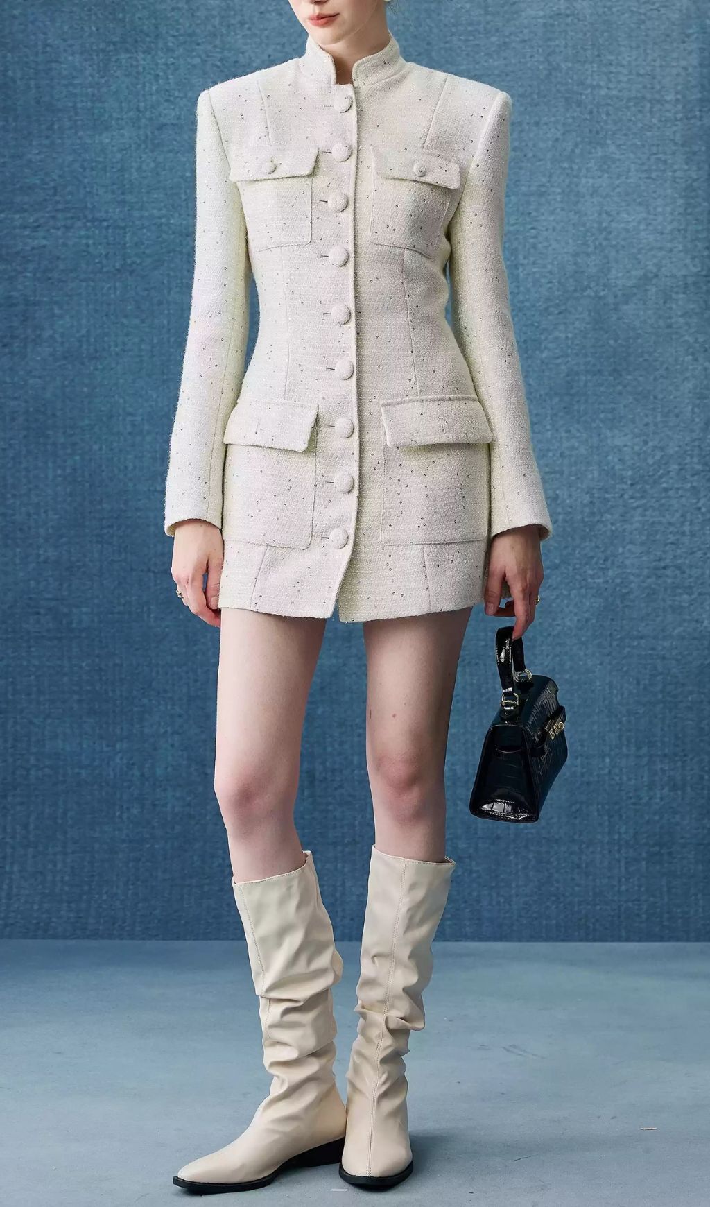 Elegant White Tweed Mini Dress | Long Sleeve Button-Front Style