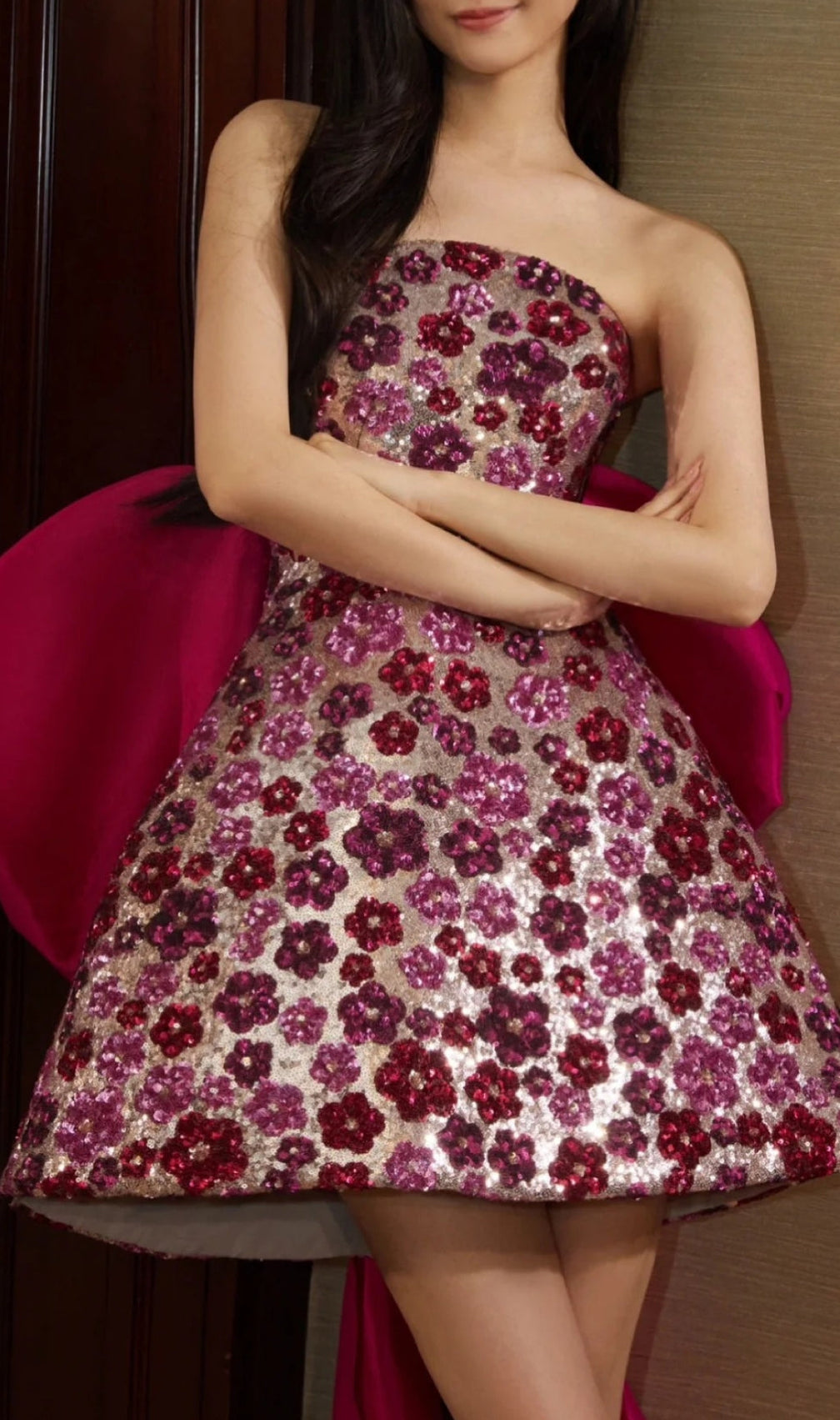 Aizah Pink Flower Sequin Mini Dress