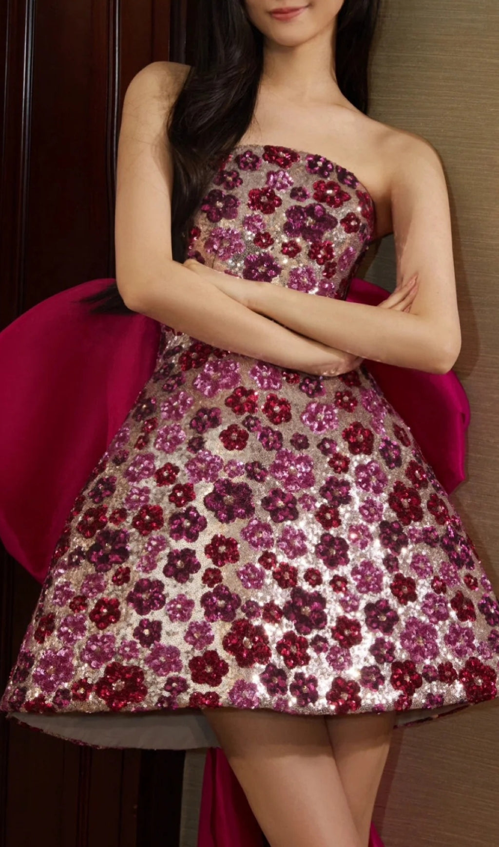 Aizah Pink Flower Sequin Mini Dress