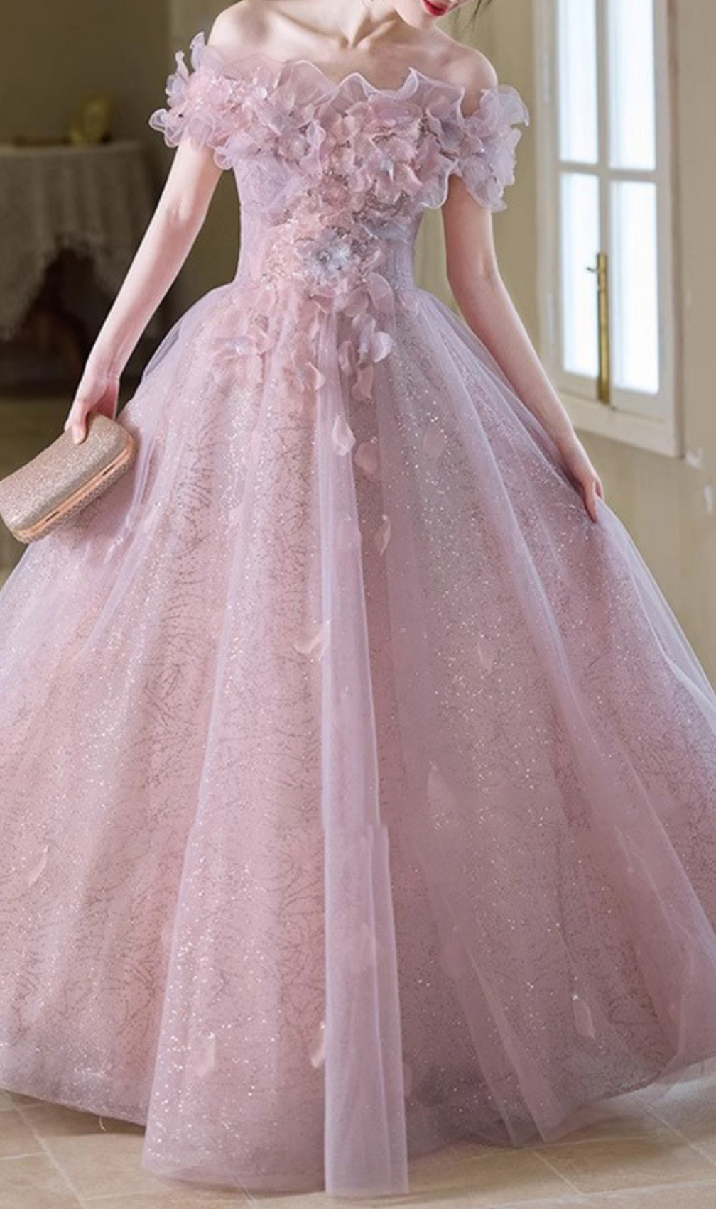 Hanne Pink Flower Off-Shoulder Maxi Dress