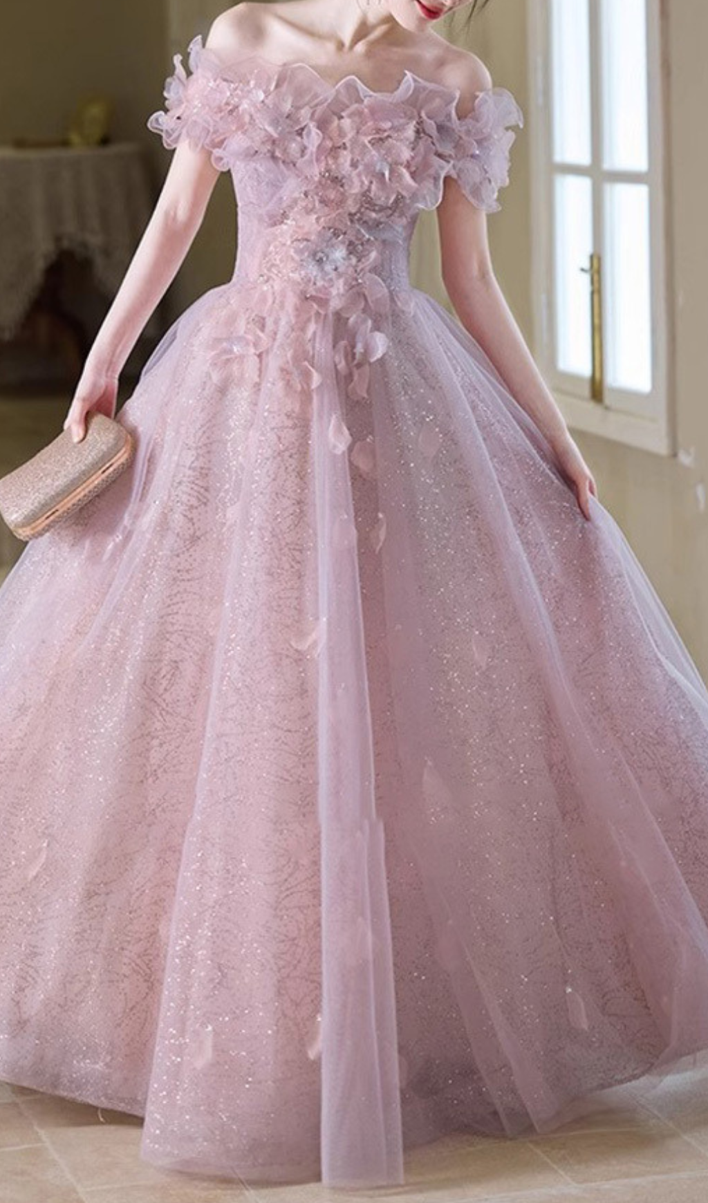 Hanne Pink Flower Off-Shoulder Maxi Dress