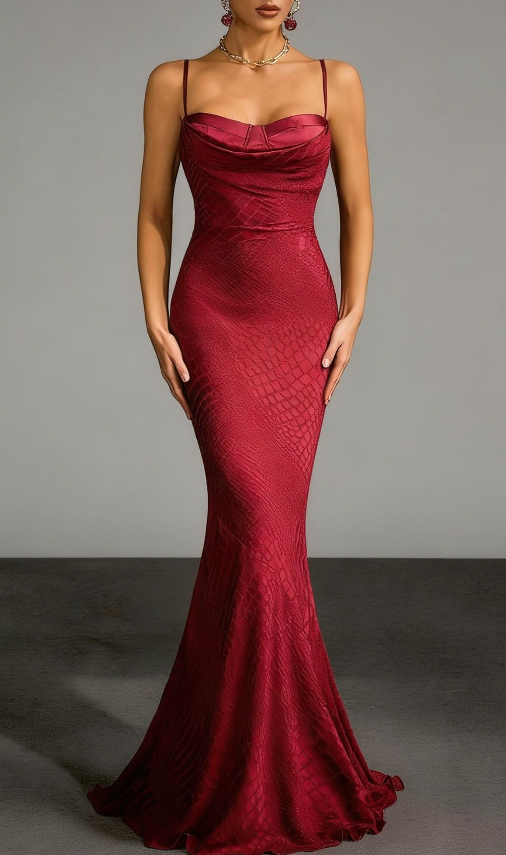 Velyxar Siren Red Crocodile Maxi Gown - Elegant Spaghetti Strap Dress