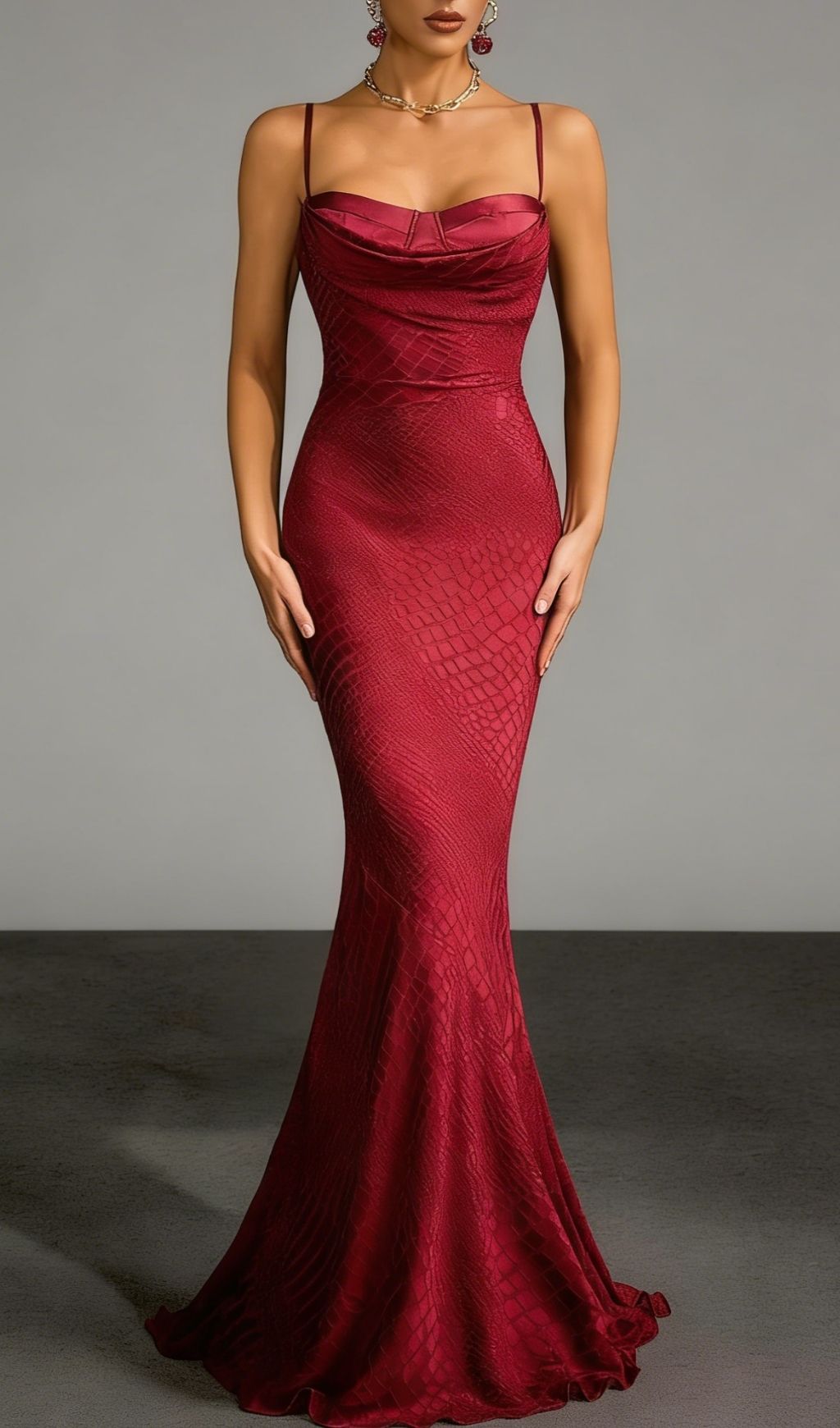 Velyxar Siren Red Crocodile Maxi Gown - Elegant Spaghetti Strap Dress