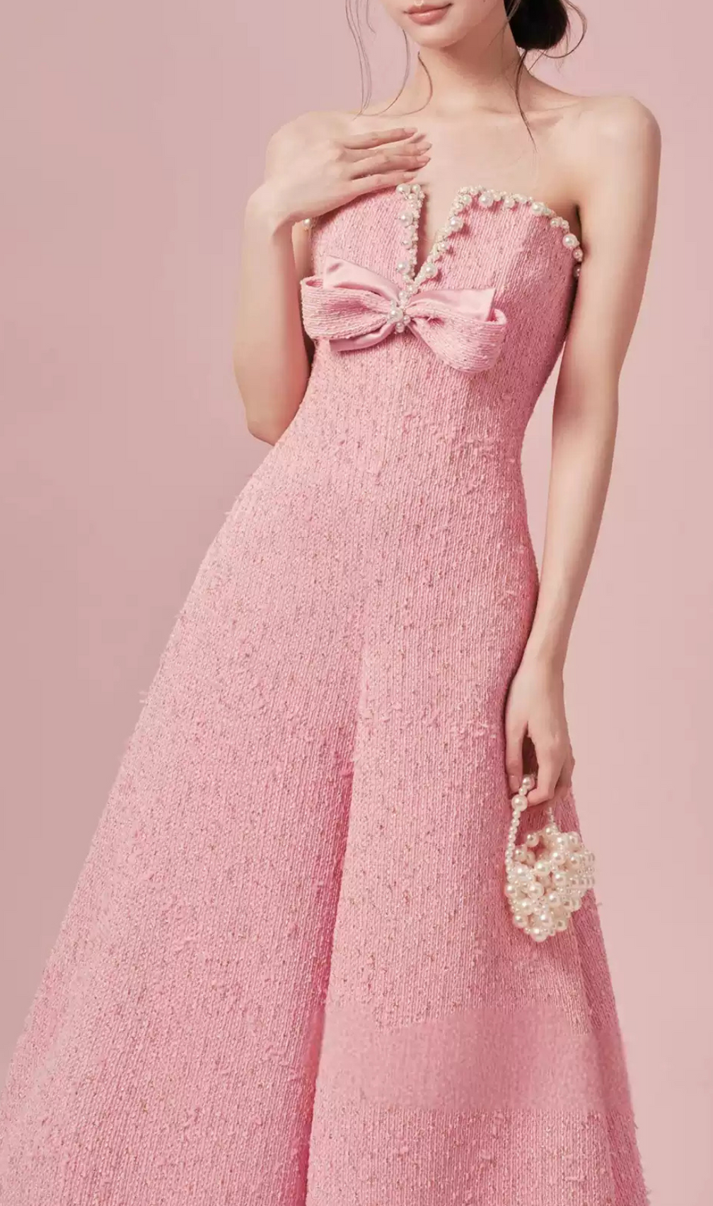 Gaphna Pink Beaded Bow Maxi Dress