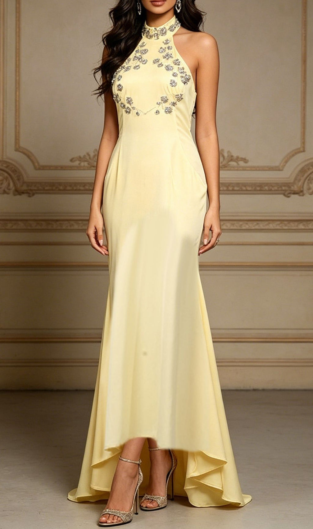 Lacy Yellow Halter Diamante Maxi Dress