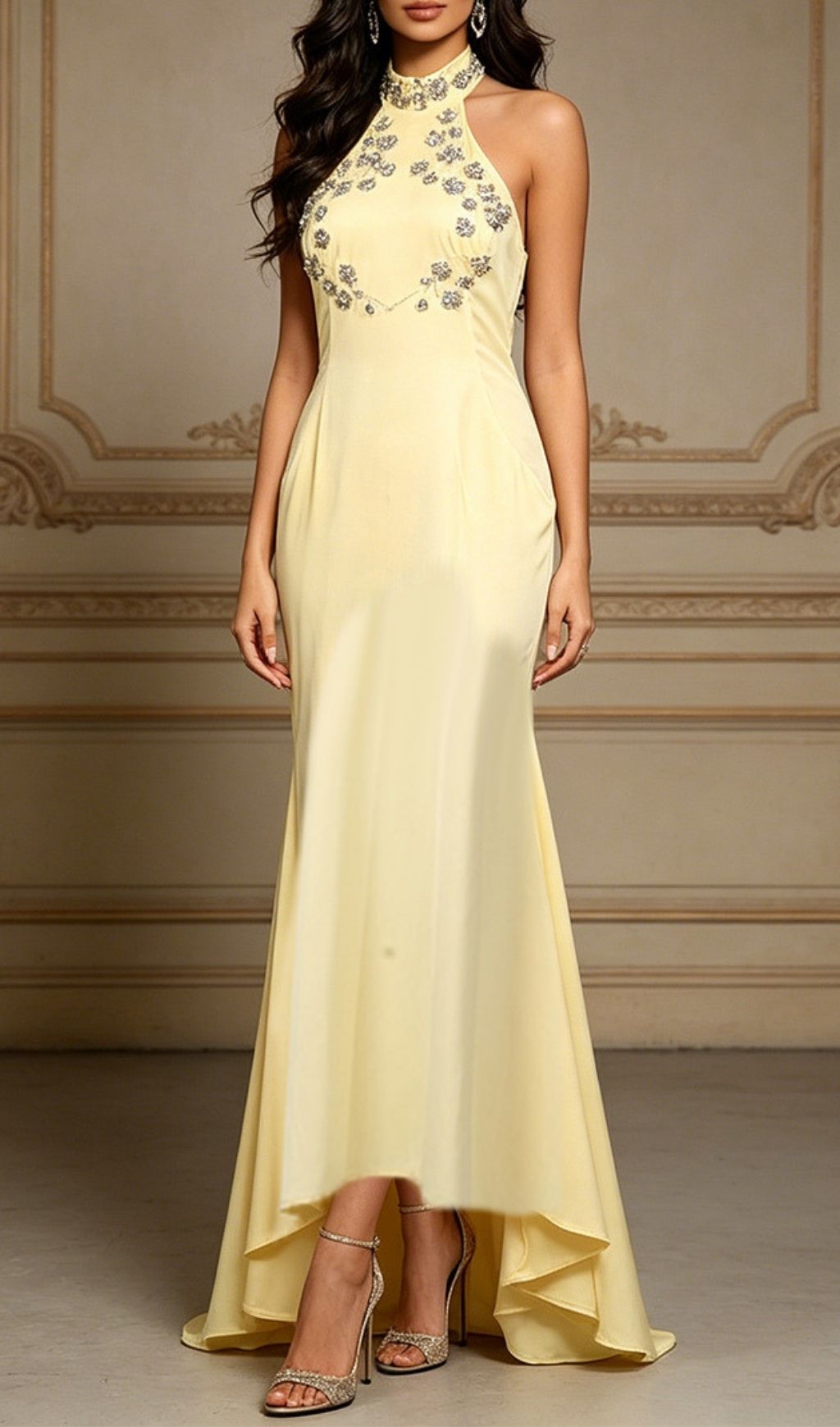 Lacy Yellow Halter Diamante Maxi Dress