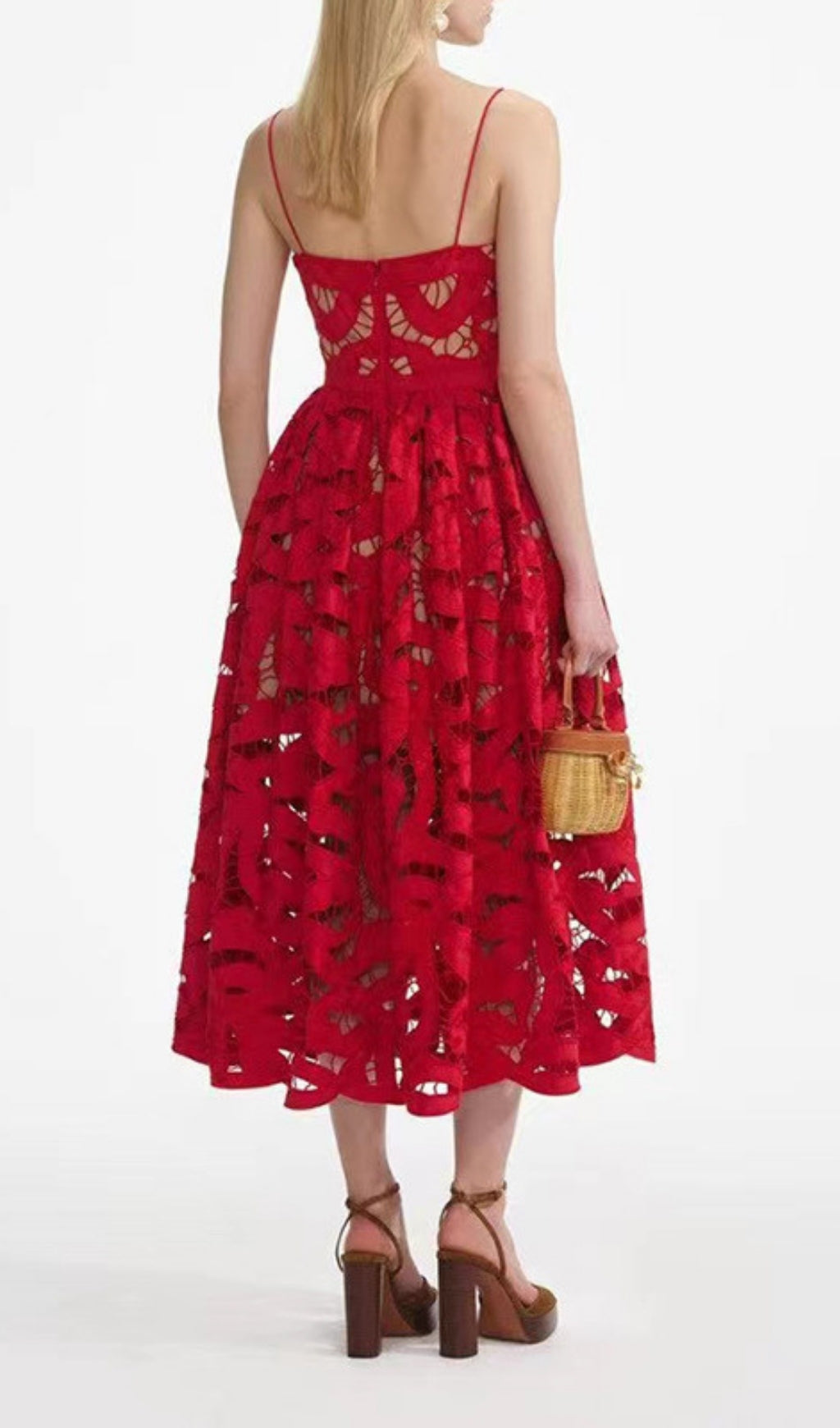 Fay Red Strappy Embroidery Midi Dress