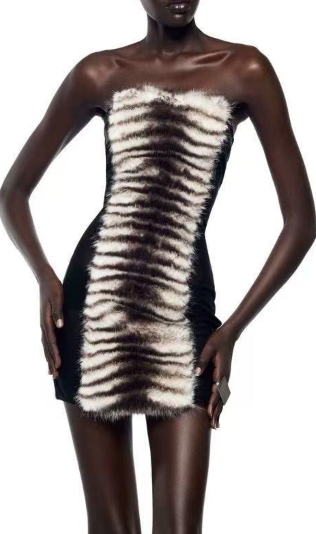 Intan Strapless Faux Fur Mini Dress - Edgy Animal Print Statement