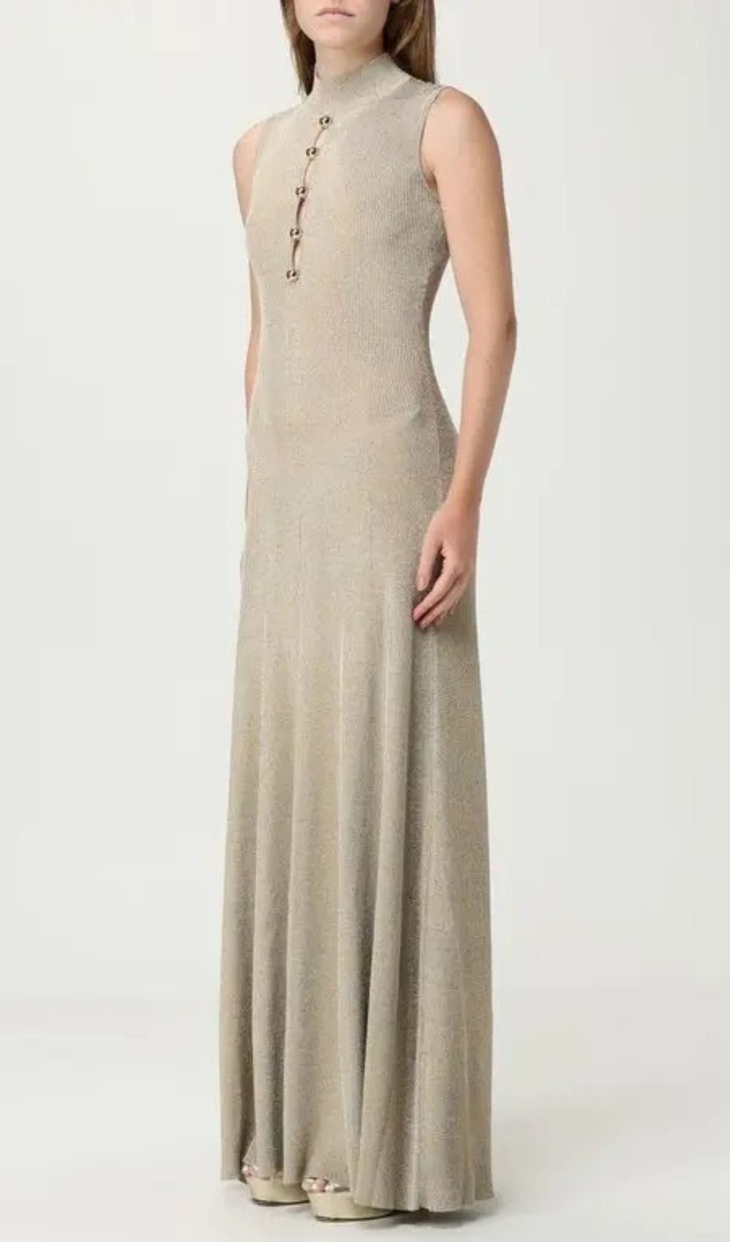 Juno Shimmer Ribbed Knit Maxi Dress | Mock Neck | Gold Buttons