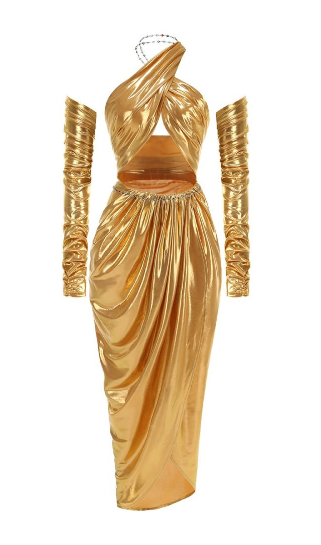 Bodie Gold Halter Long Sleeve Draped Maxi Dress