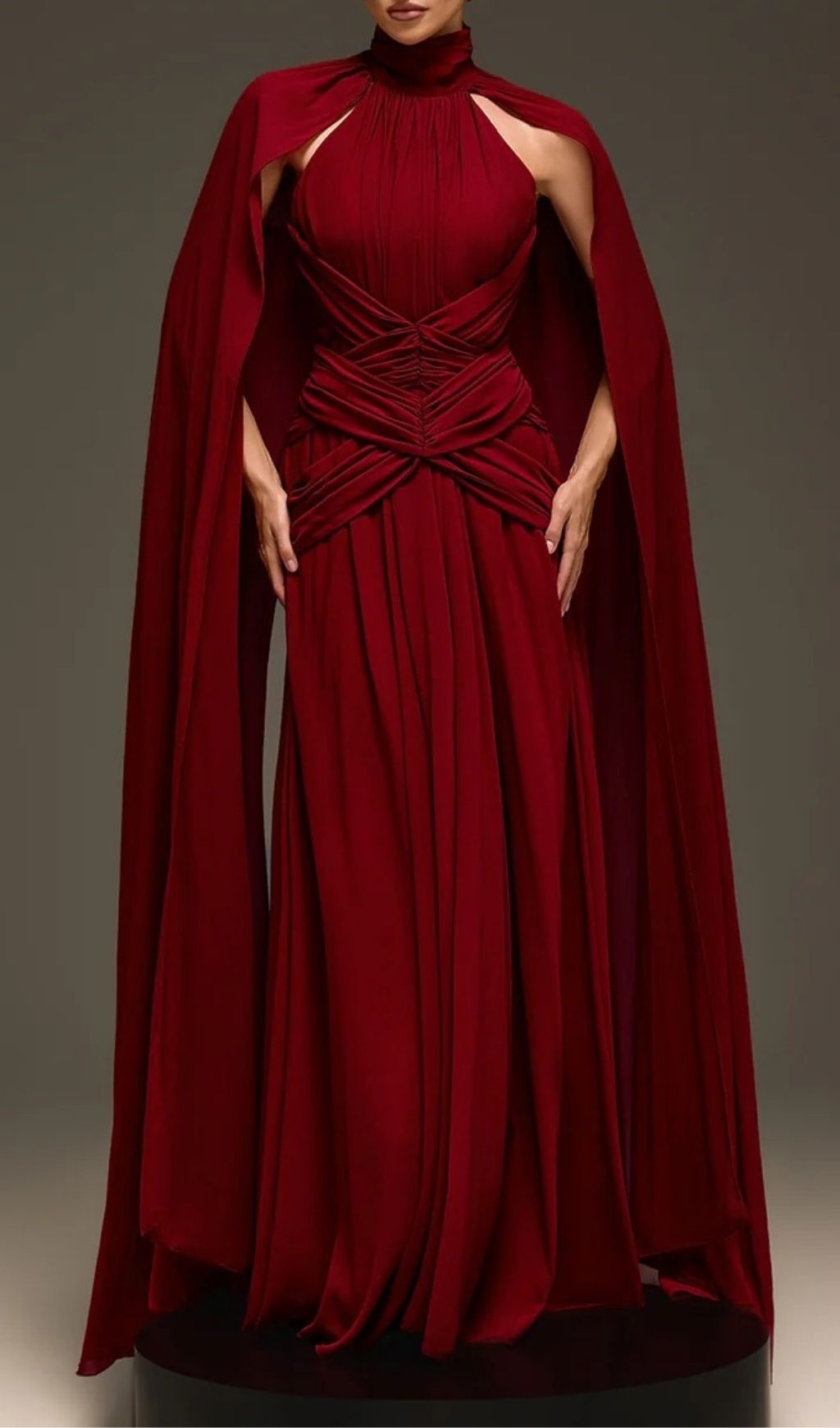 Evarix Glamorous Burgundy Cape Sleeve Maxi Gown