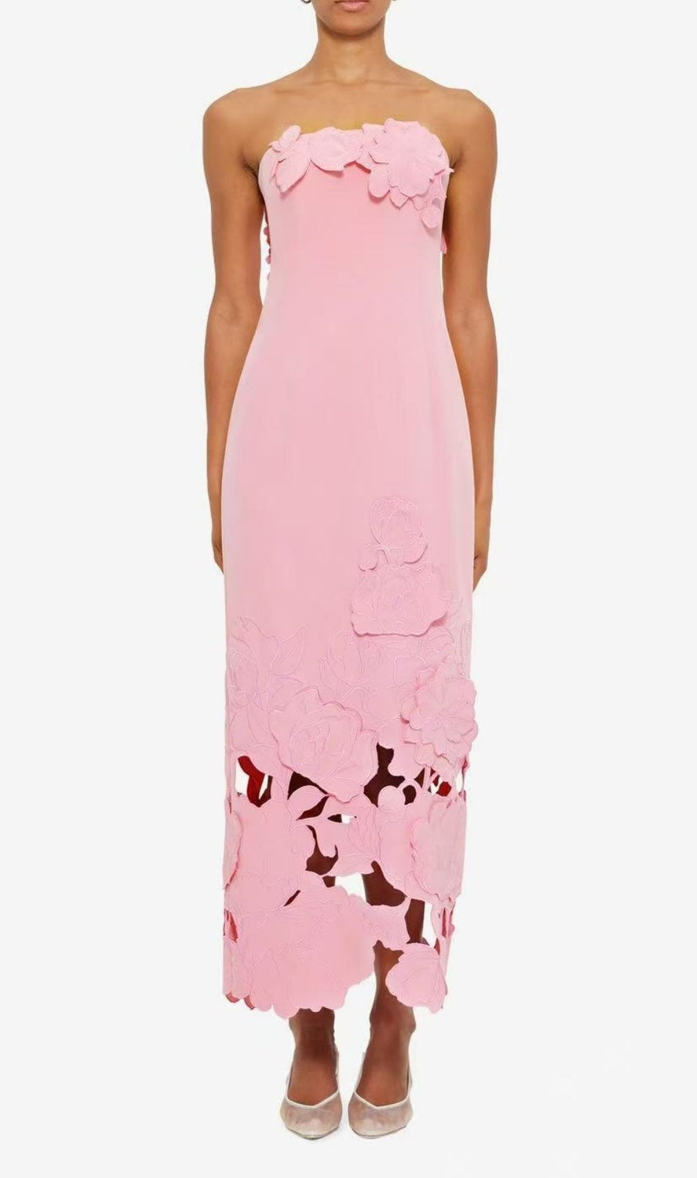 Rayna Strapless Bustier Maxi Dress | 3D Floral & Laser-Cut Appliqué | Blush Pink Gown