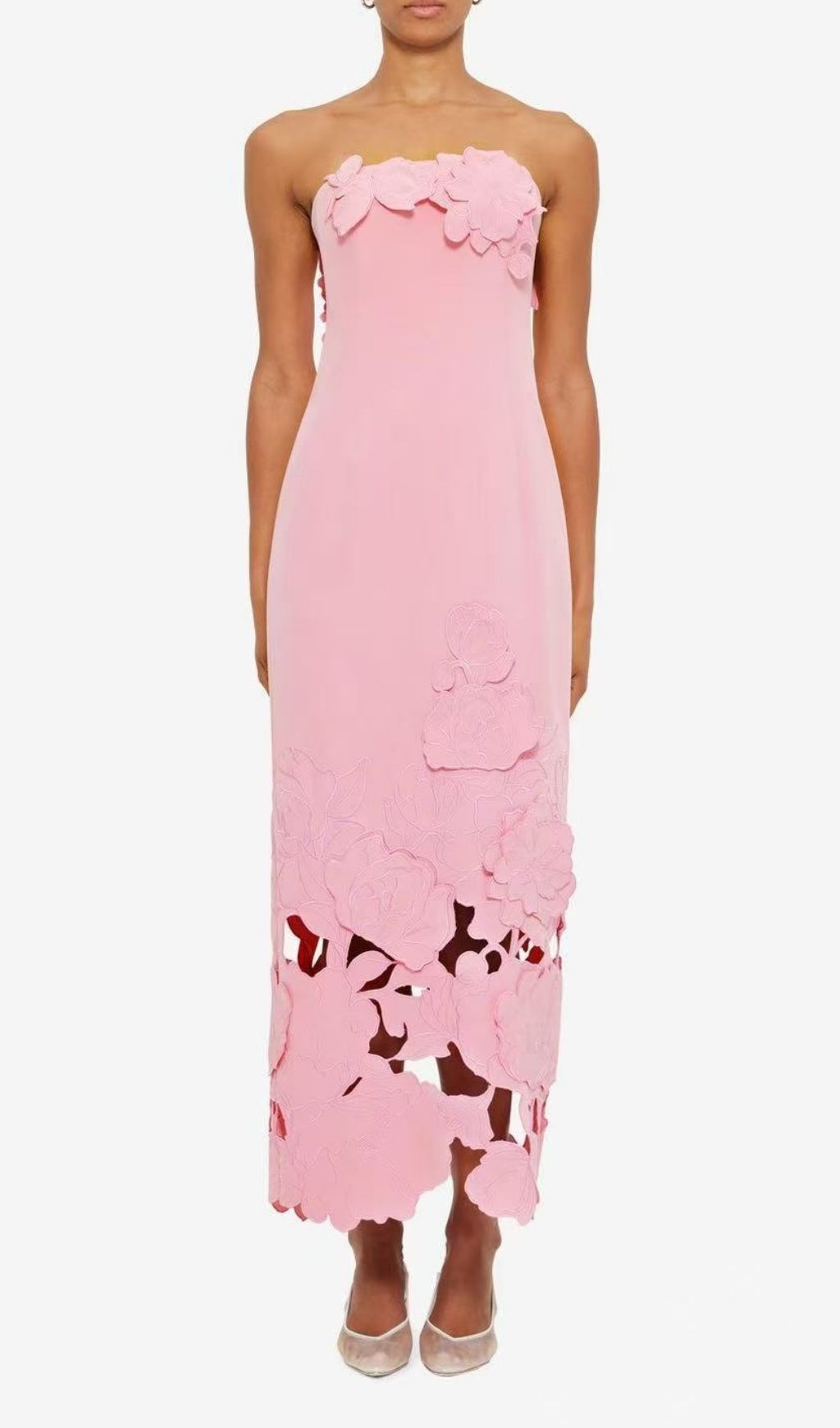 Rayna Strapless Bustier Maxi Dress | 3D Floral & Laser-Cut Appliqué | Blush Pink Gown