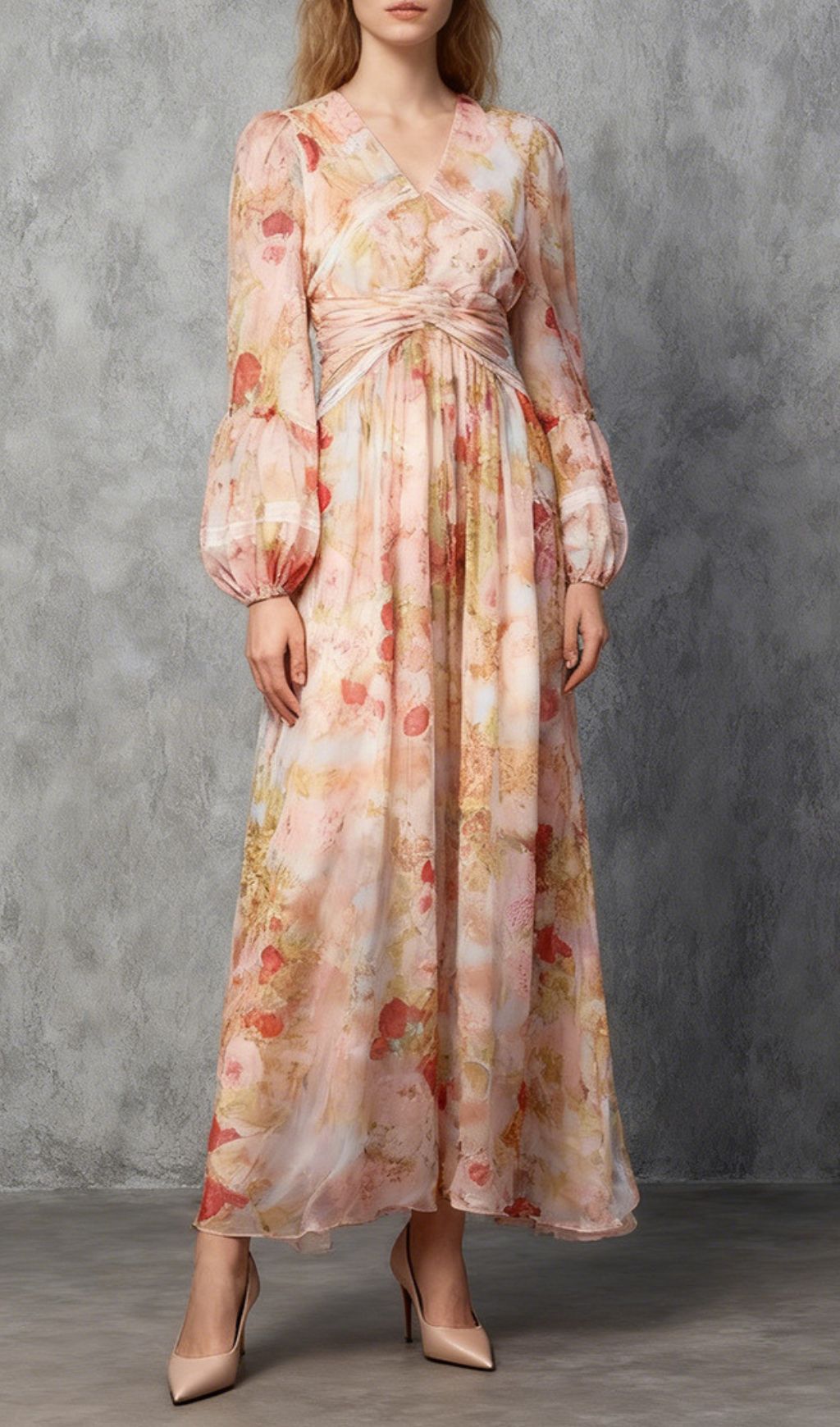 Jeana Elegant Floral Chiffon Maxi Dress - Romantic Long Sleeve Gown