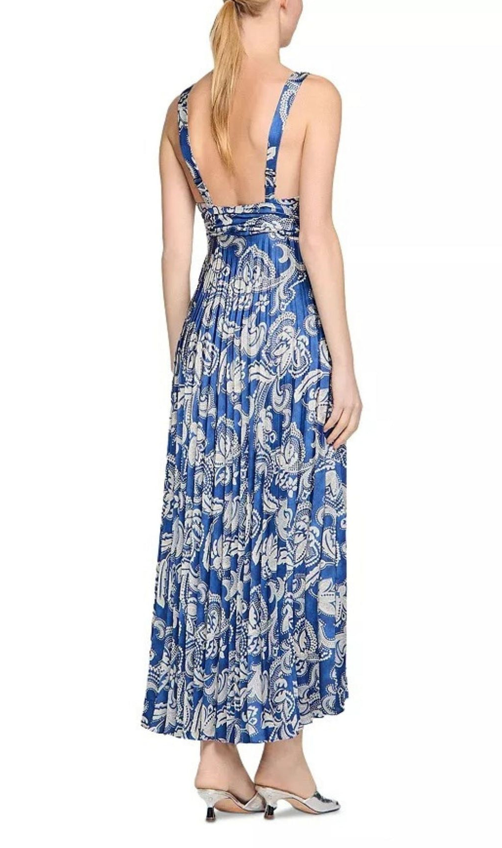 Elegant Blue & White Floral Pleated V-Neck Maxi Dress for Women