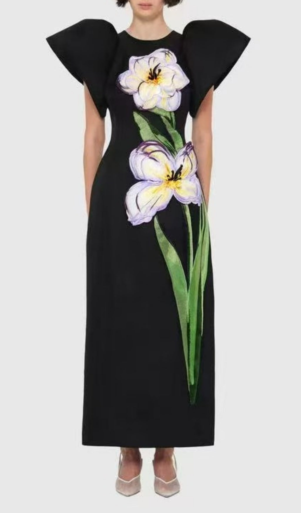 Eadoin Black Flower Puff Sleeve Maxi Dress