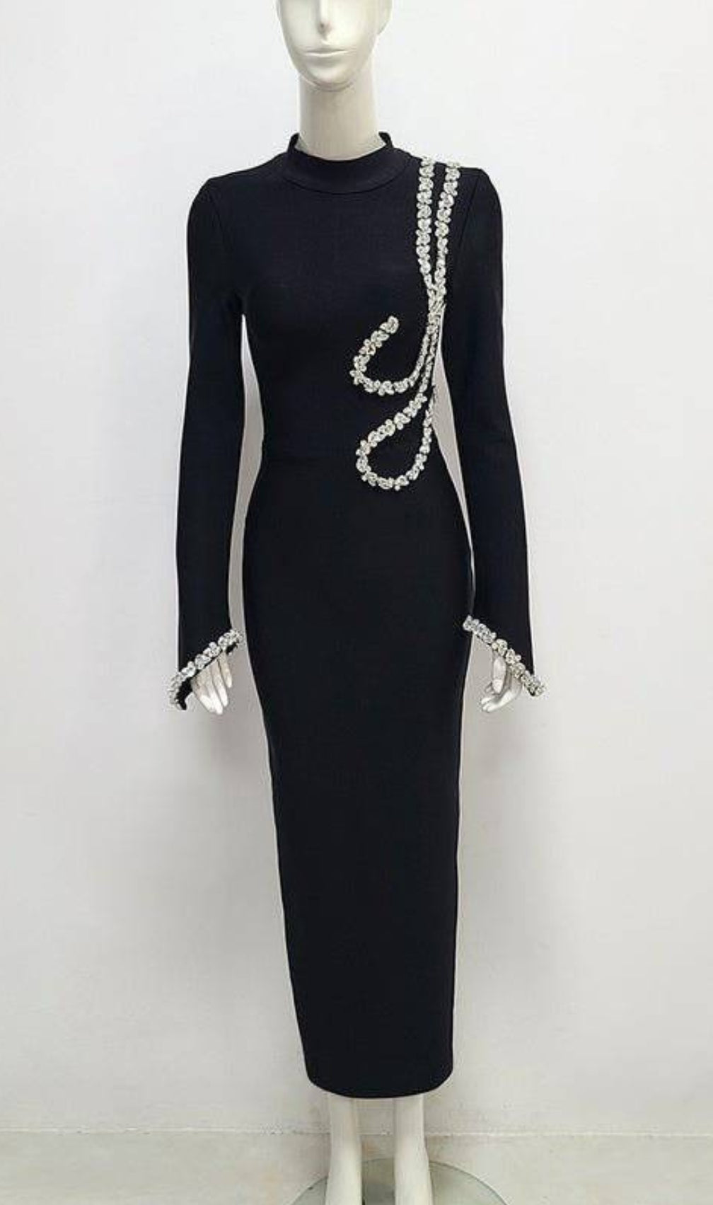 Bronagh Black Long Sleeve Crystal Embellished Midi Dress