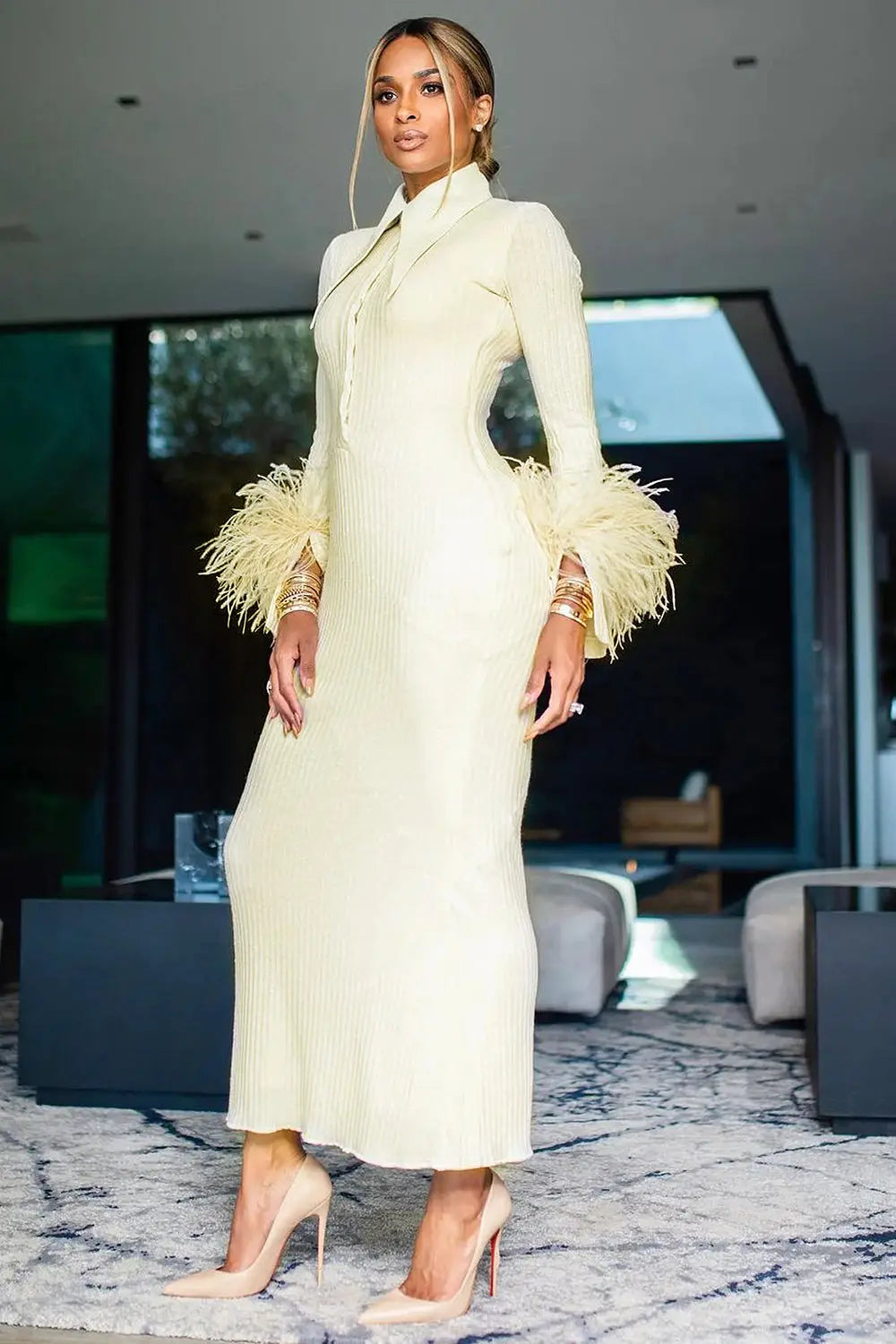Yellow Long Sleeve Stand Collar Feather Maxi Dress