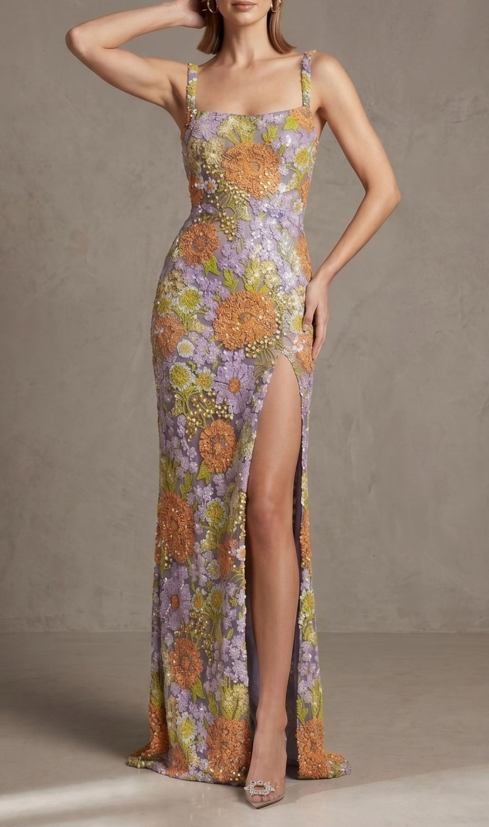 Kiko Dazzling Floral Sequin Maxi Dress with High Slit