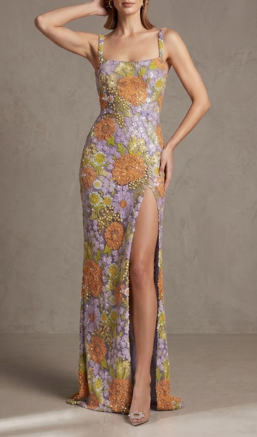 Kiko Dazzling Floral Sequin Maxi Dress with High Slit