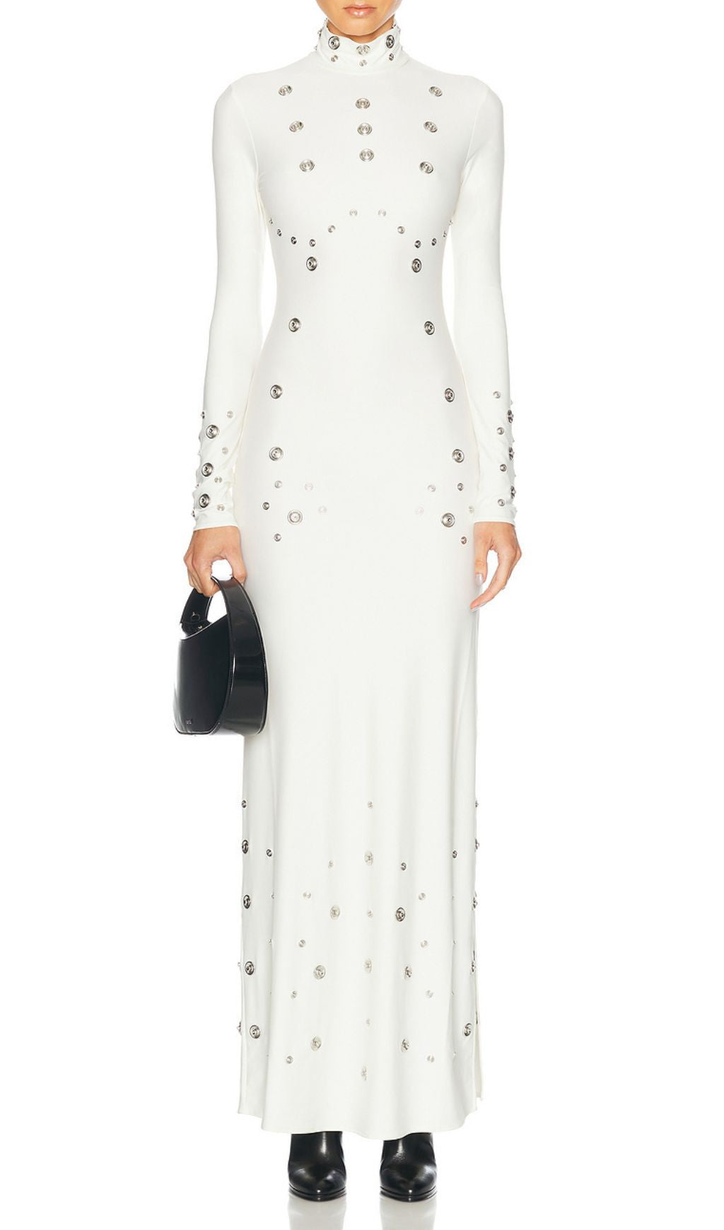 Ishana White Embellished Mock Neck Maxi Gown - Long Sleeve Formal Dress