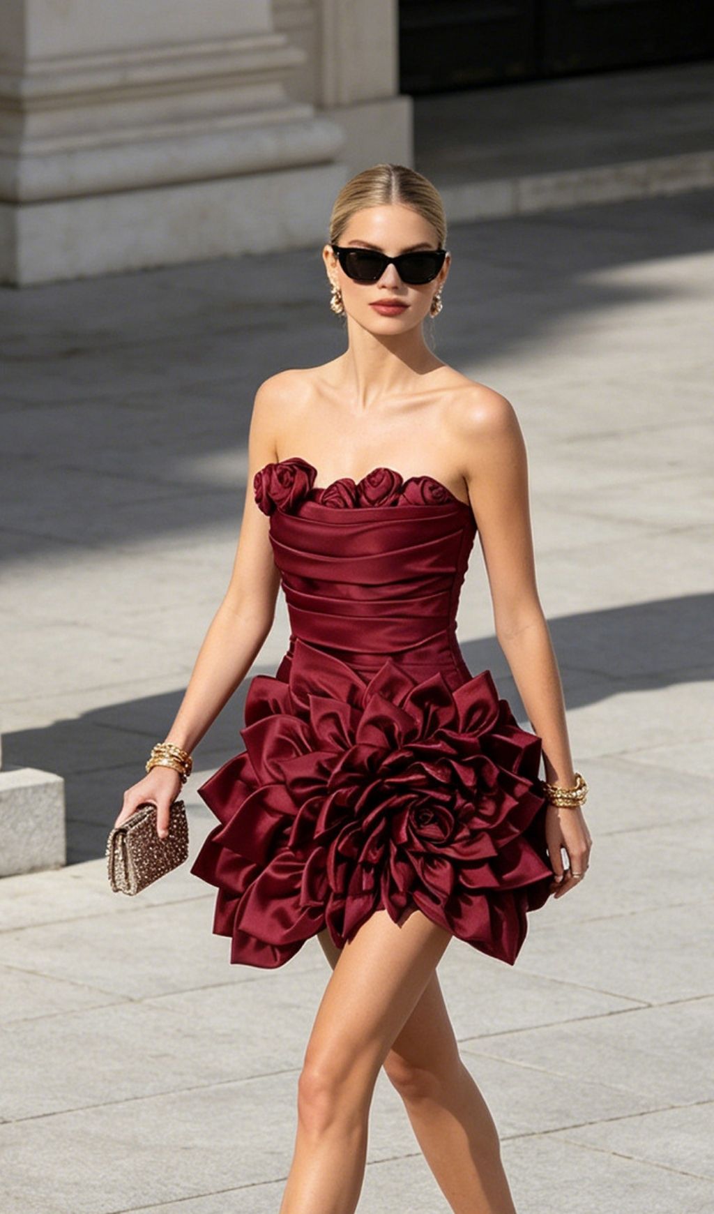 Korina Red Strapless 3D Flower Mini Dress